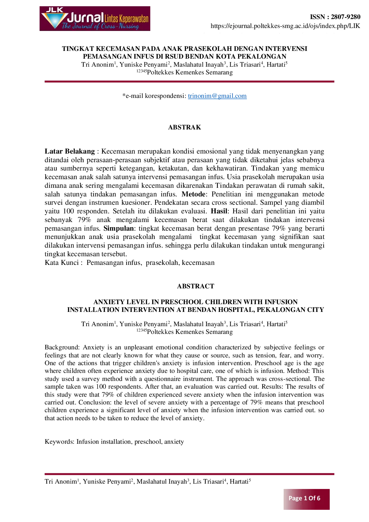JURIS Tingkat Kecemasan pada Anak Prasekolah dengan Intervensi Pemasangan Infus di RSUD Bendan Kota Pekalongan