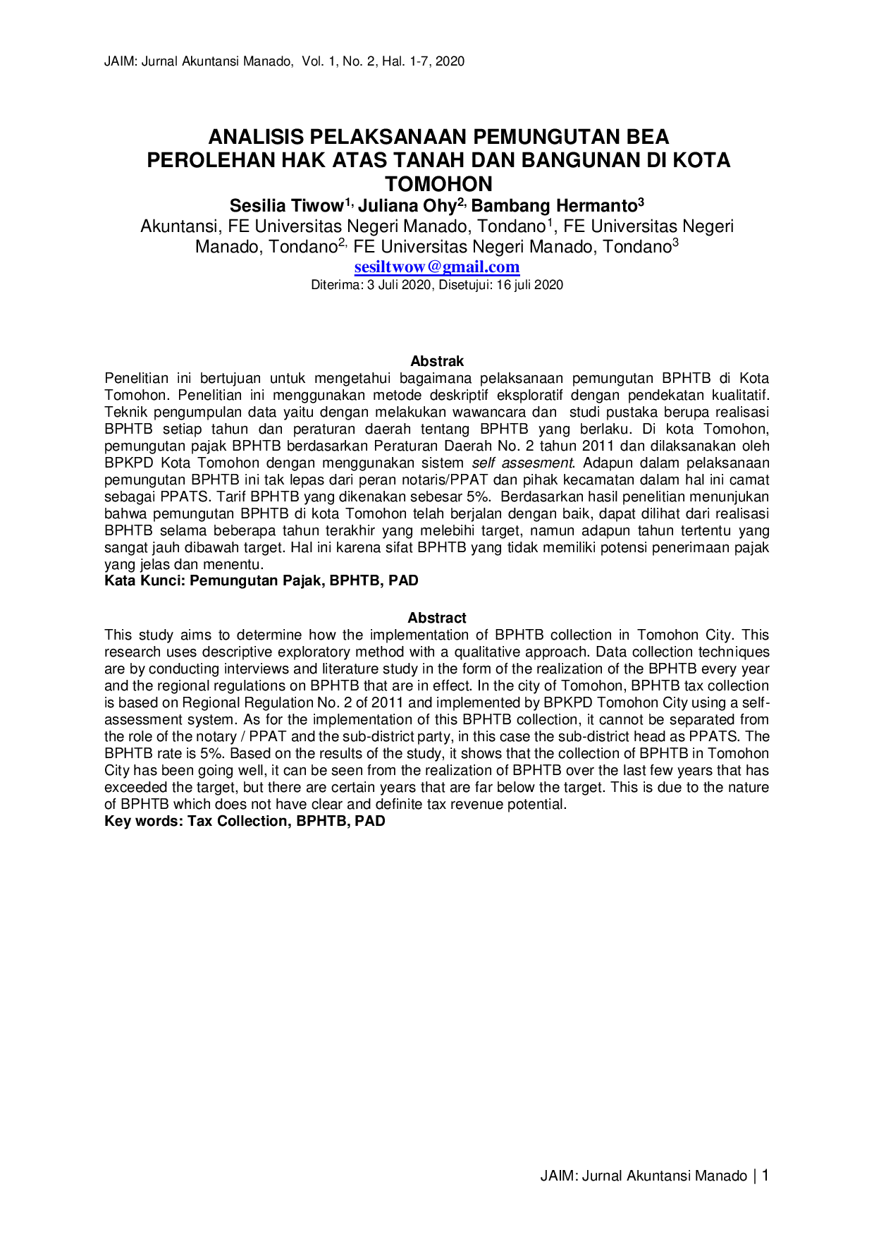 JURIS Analisis Pelaksanaan Pemungutan Bea Perolehan Hak Atas Tanah Dan Bangunan Di Kota Tomohon