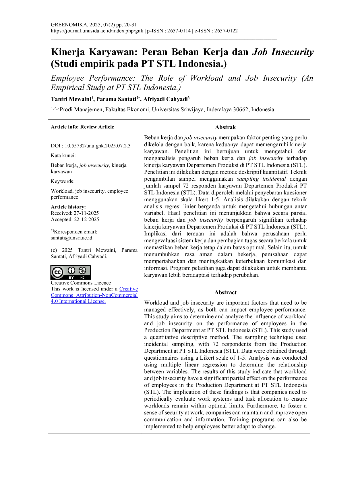 JURIS Employee Performance The Role of Workload and Job Insecurity An Empirical Study at PT STL Indonesia