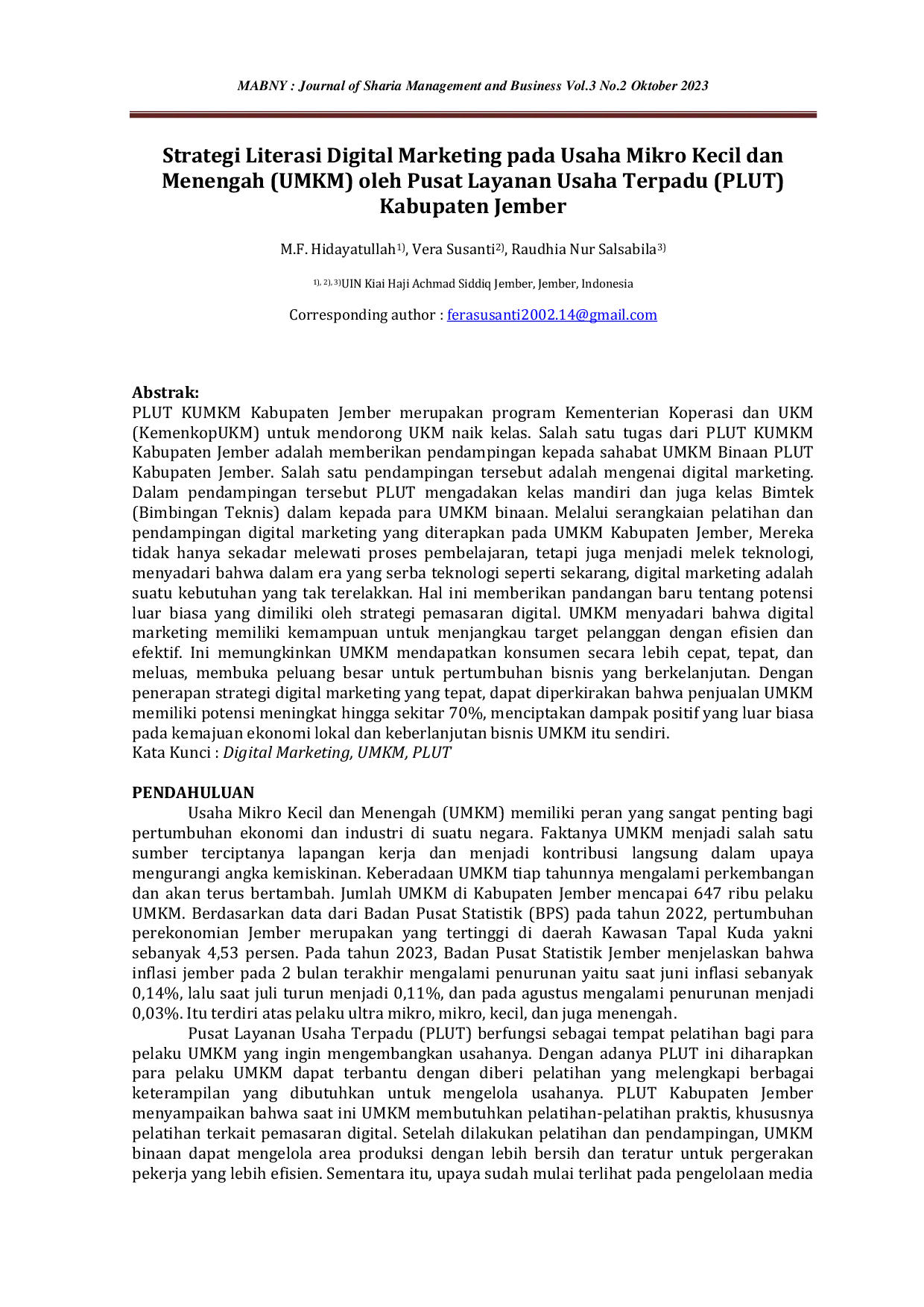 JURIS Strategi Literasi Digital Marketing pada Usaha Mikro Kecil dan Menengah UMKM oleh Pusat Layanan Usaha Terpadu PLUT Kabupaten Jember