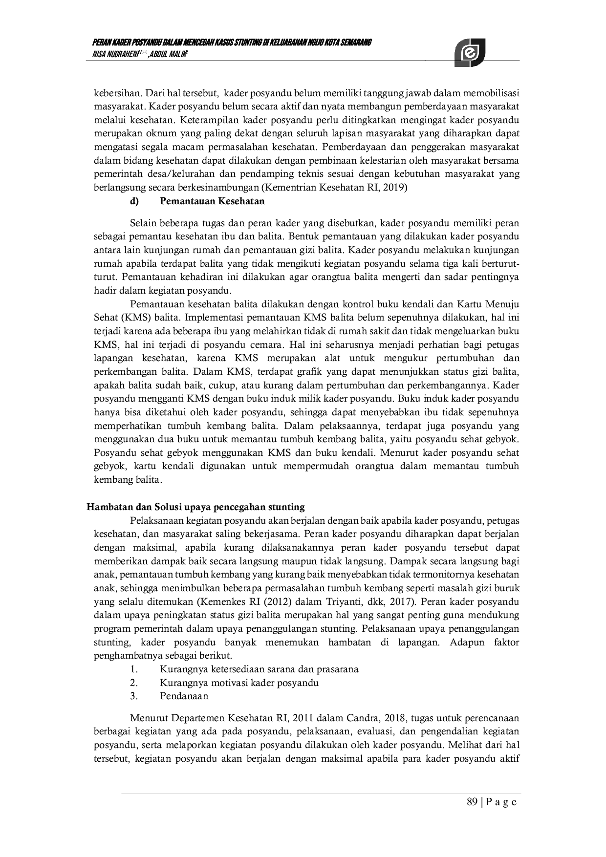 JURIS Peran Kader Posyandu dalam Mencegah Kasus Stunting di Kelurahan Ngijo