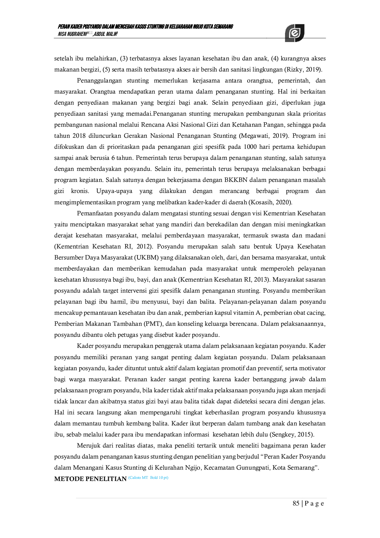 JURIS Peran Kader Posyandu dalam Mencegah Kasus Stunting di Kelurahan Ngijo