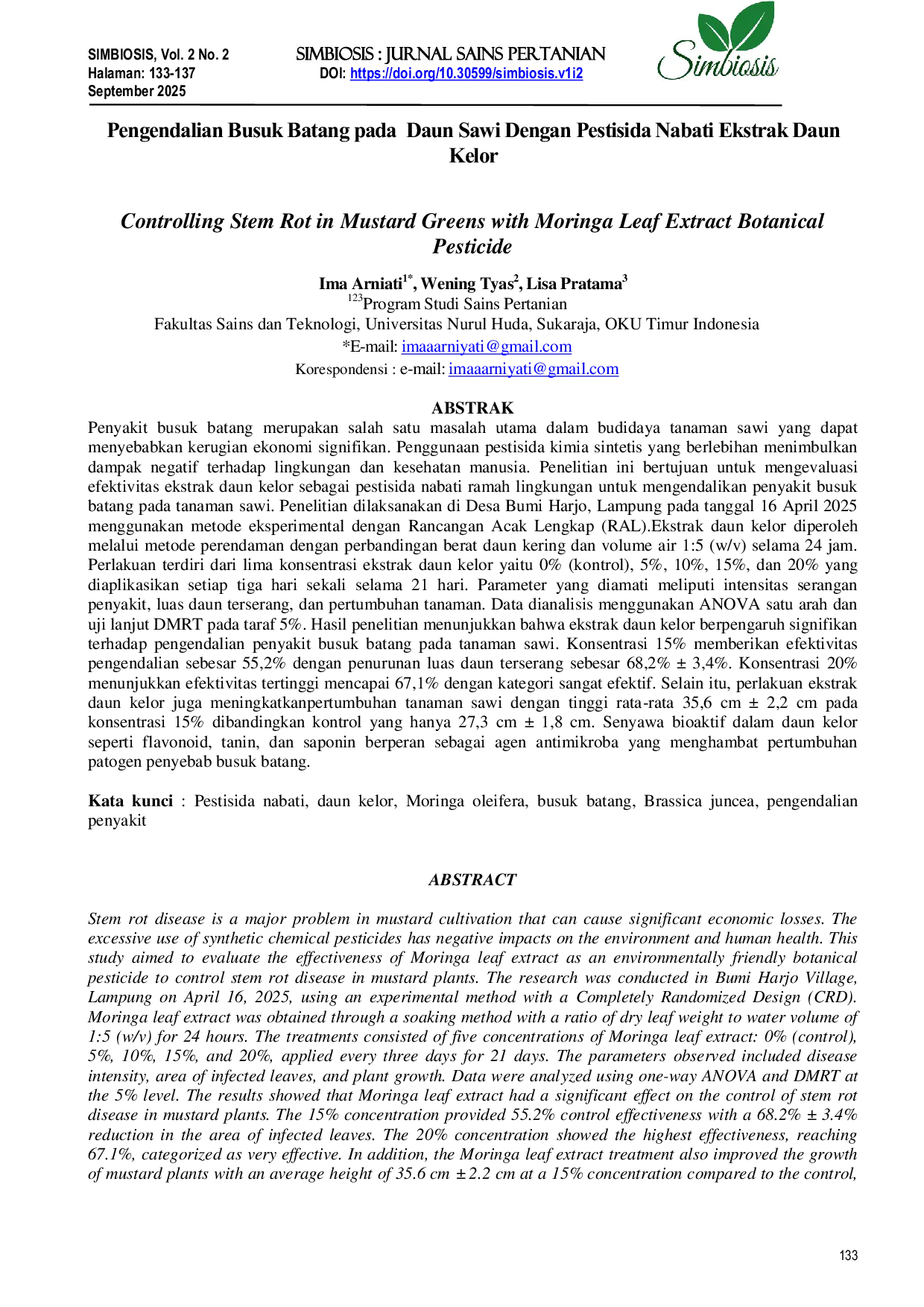 JURIS Pengendalian Busuk Batang pada Daun Sawi Dengan Pestisida Nabati Ekstrak Daun Kelor