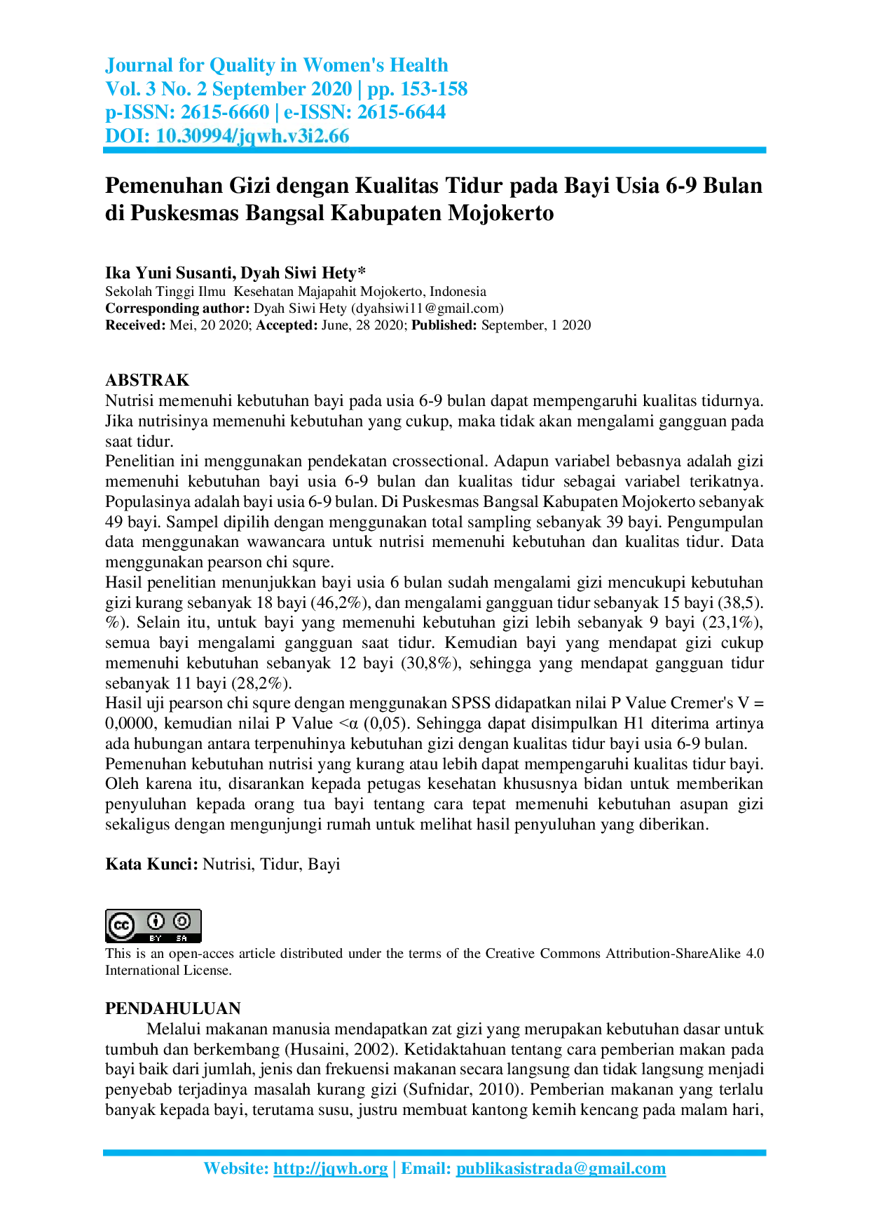 JURIS Pemenuhan Gizi dengan Kualitas Tidur pada Bayi Usia 6 9 Bulan di Puskesmas Bangsal Kabupaten Mojokerto