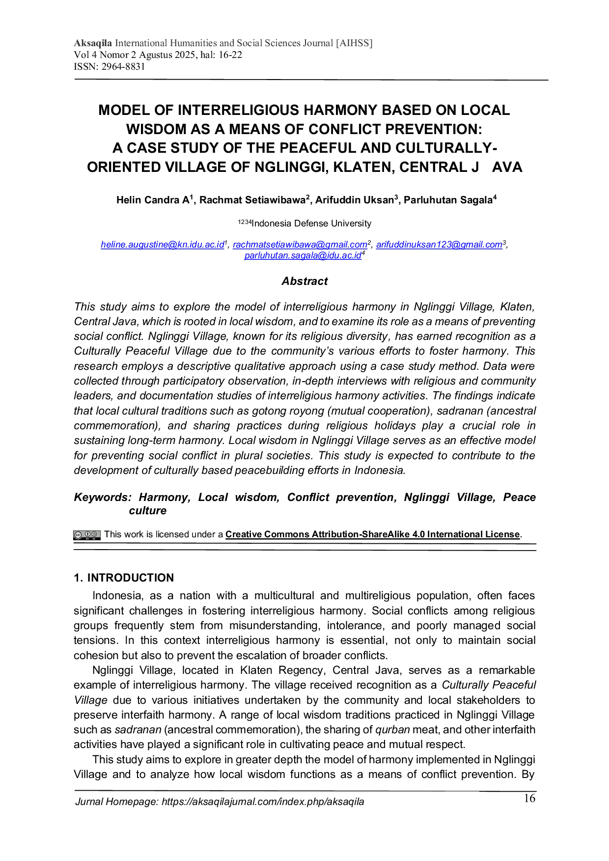 JURIS Model of Interreligious Harmony Based on Local Wisdom as a Means of Conflict Prevention a Case Study of The Peaceful and Culturally Oriented Village Of Nglinggi Klaten Central Java