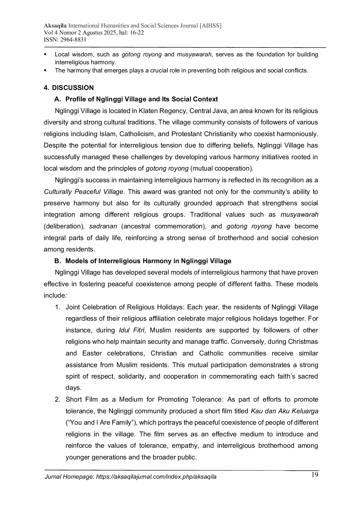 JURIS Model of Interreligious Harmony Based on Local Wisdom as a Means of Conflict Prevention a Case Study of The Peaceful and Culturally Oriented Village Of Nglinggi Klaten Central Java
