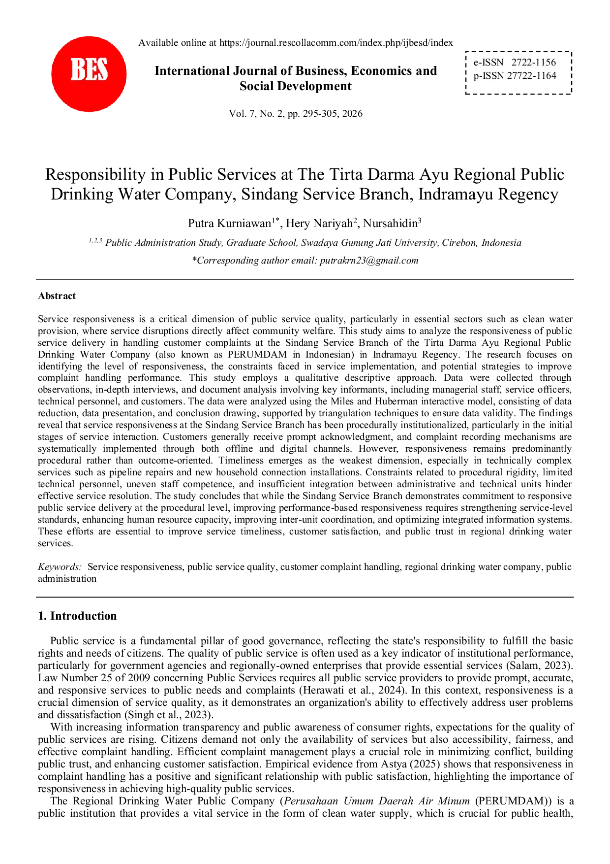 JURIS Responsibility in Public Services at The Tirta Darma Ayu Regional Public Drinking Water Company Sindang Service Branch Indramayu Regency