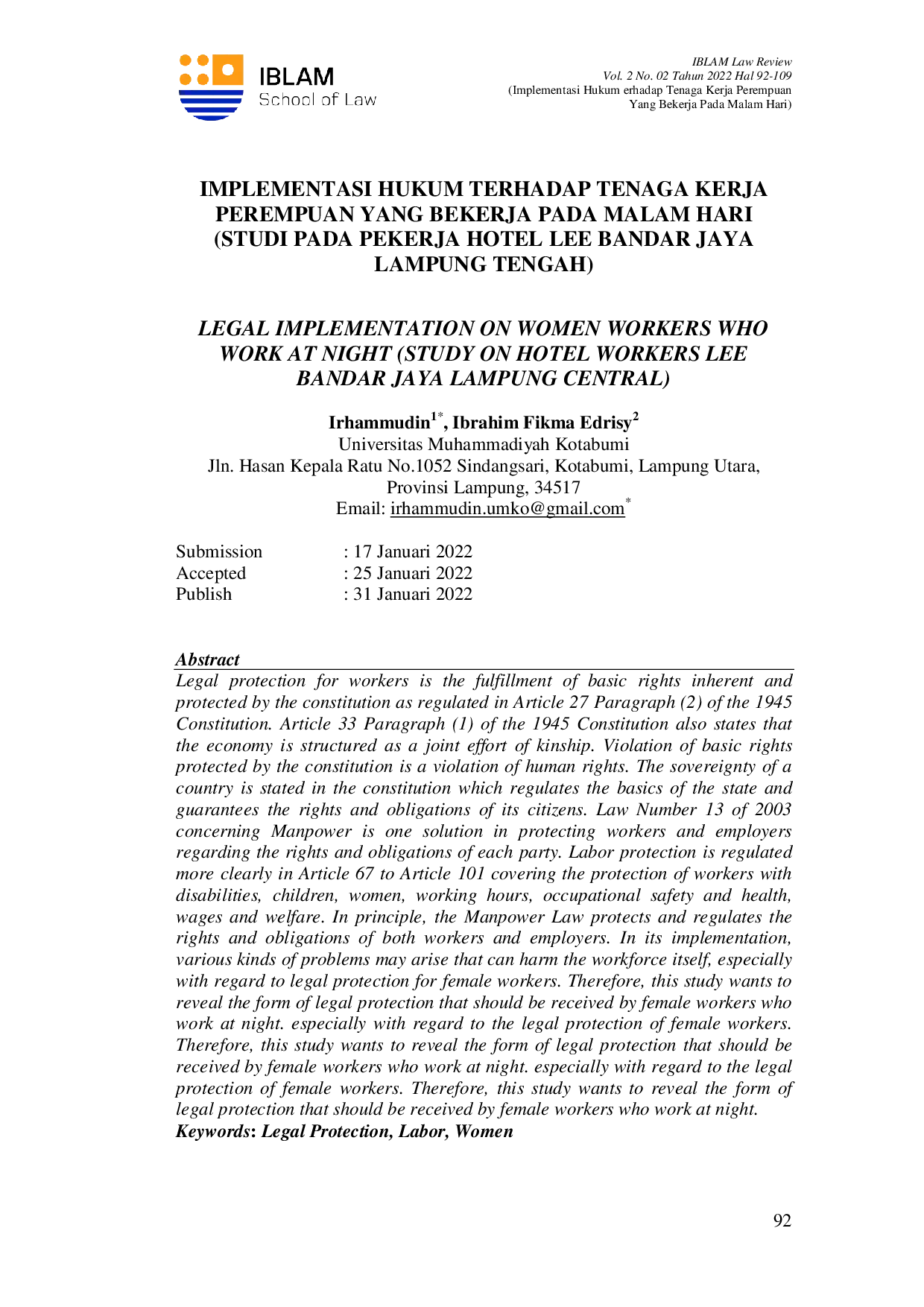 JURIS Implementasi Hukum Terhadap Tenaga Kerja Perempuan Yang Bekerja Pada Malam Hari Studi Pada Pekerja Hotel Lee Bandar Jaya Lampung Tengah
