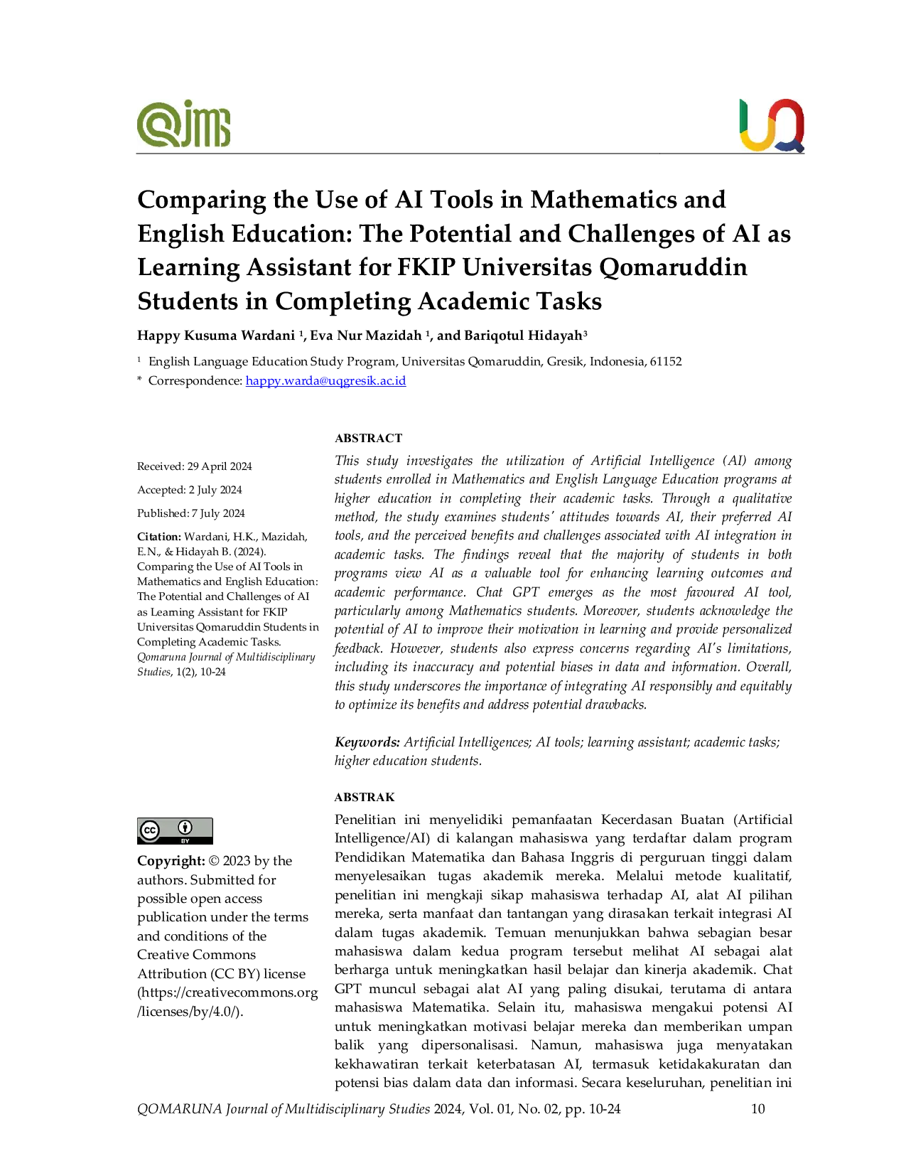 JURIS Comparing the Use of AI Tools in Mathematics and English Education The Potential and Challenges of AI as Learning Assistant for FKIP UQ Students in Completing Academic Tasks