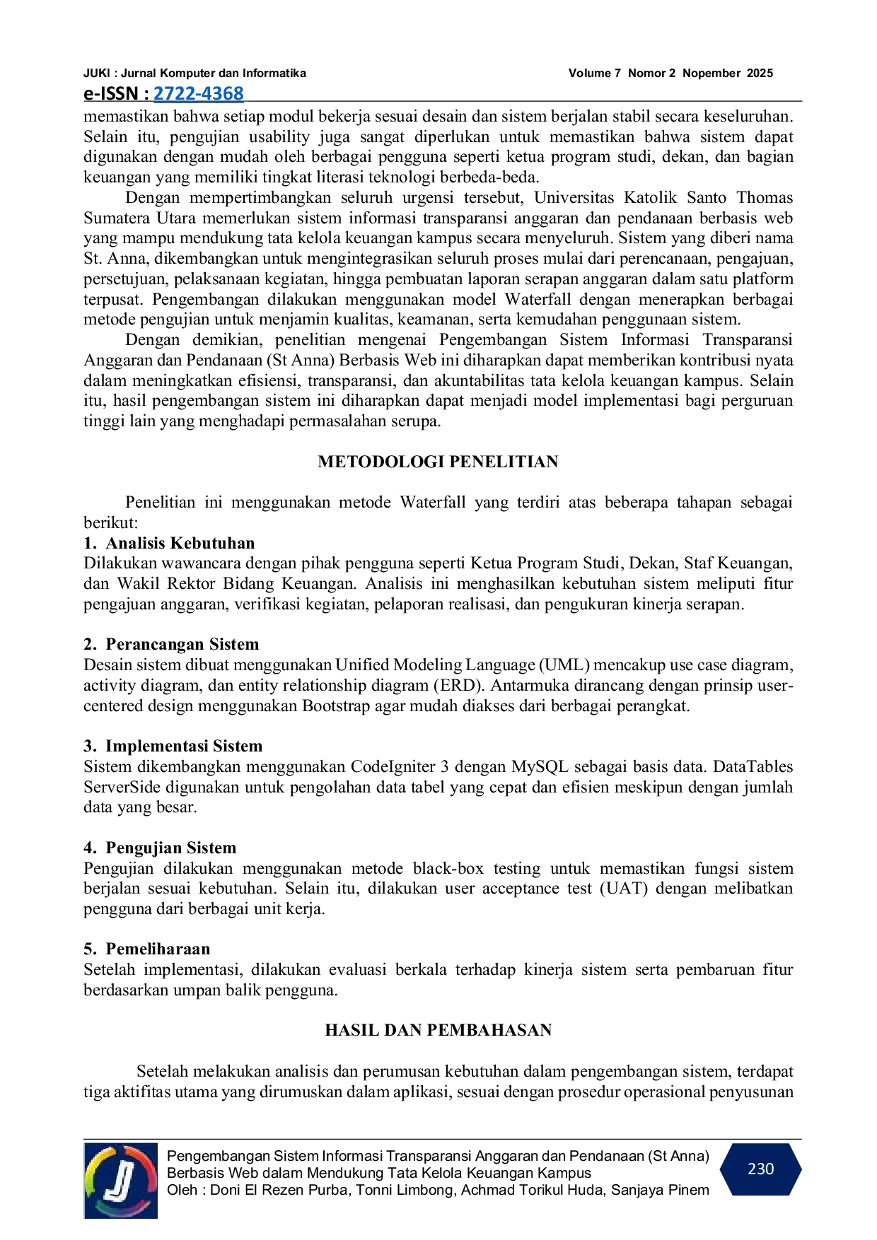 JURIS Pengembangan Sistem Informasi Transparansi Anggaran dan Pendanaan St Anna Berbasis Web dalam Mendukung Tata Kelola Keuangan Kampus