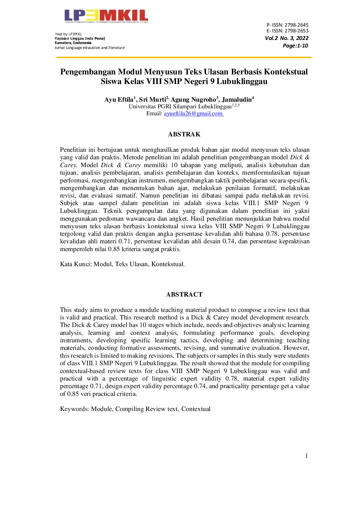 JURIS Pengembangan Modul Menyusun Teks Ulasan Berbasis Kontekstual Siswa Kelas VIII SMP Negeri 9 Lubuklinggau
