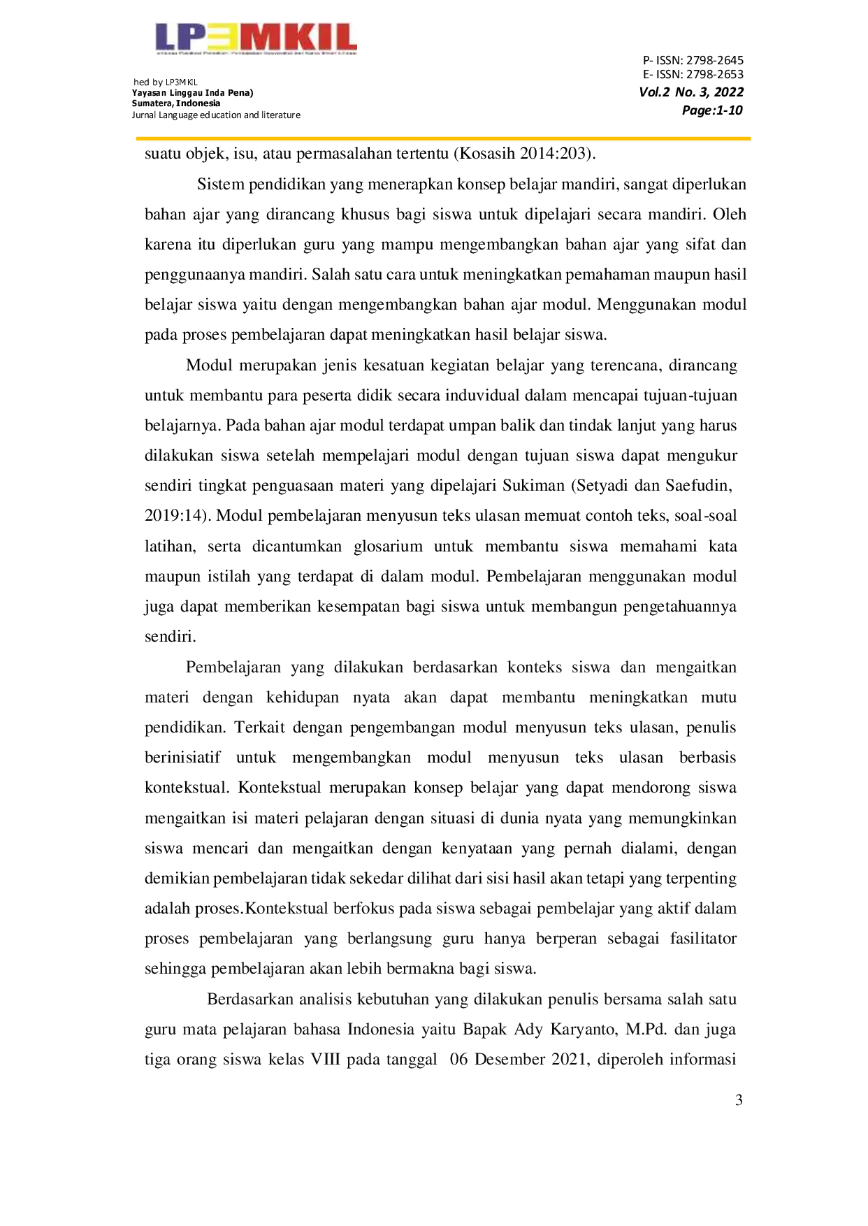 JURIS Pengembangan Modul Menyusun Teks Ulasan Berbasis Kontekstual Siswa Kelas VIII SMP Negeri 9 Lubuklinggau