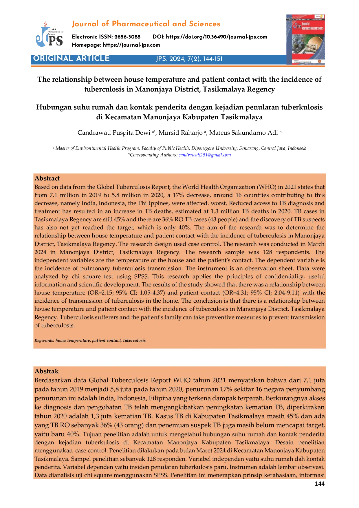 JURIS Hubungan suhu rumah dan kontak penderita dengan kejadian penularan tuberkulosis di Kecamatan Manonjaya Kabupaten Tasikmalaya