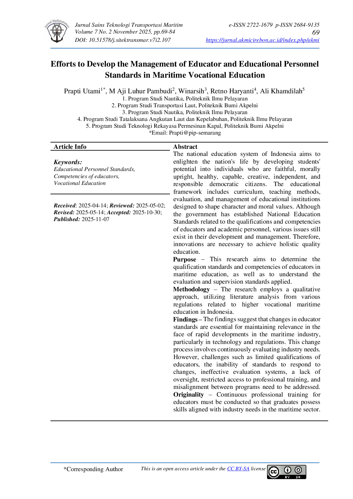 JURIS Efforts to Develop the Management of Educator and Educational Personnel Standards in Maritime Vocational Education