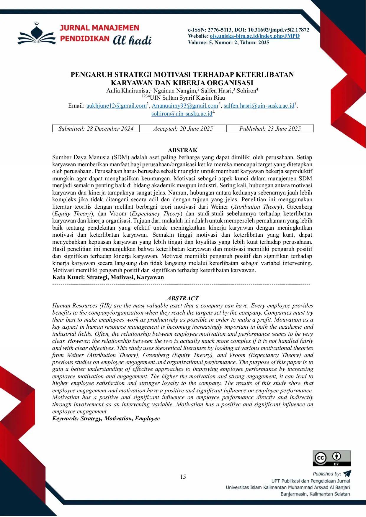 JURIS Pengaruh Strategi Motivasi Terhadap Keterlibatan Karyawan Dan Kinerja Organisasi