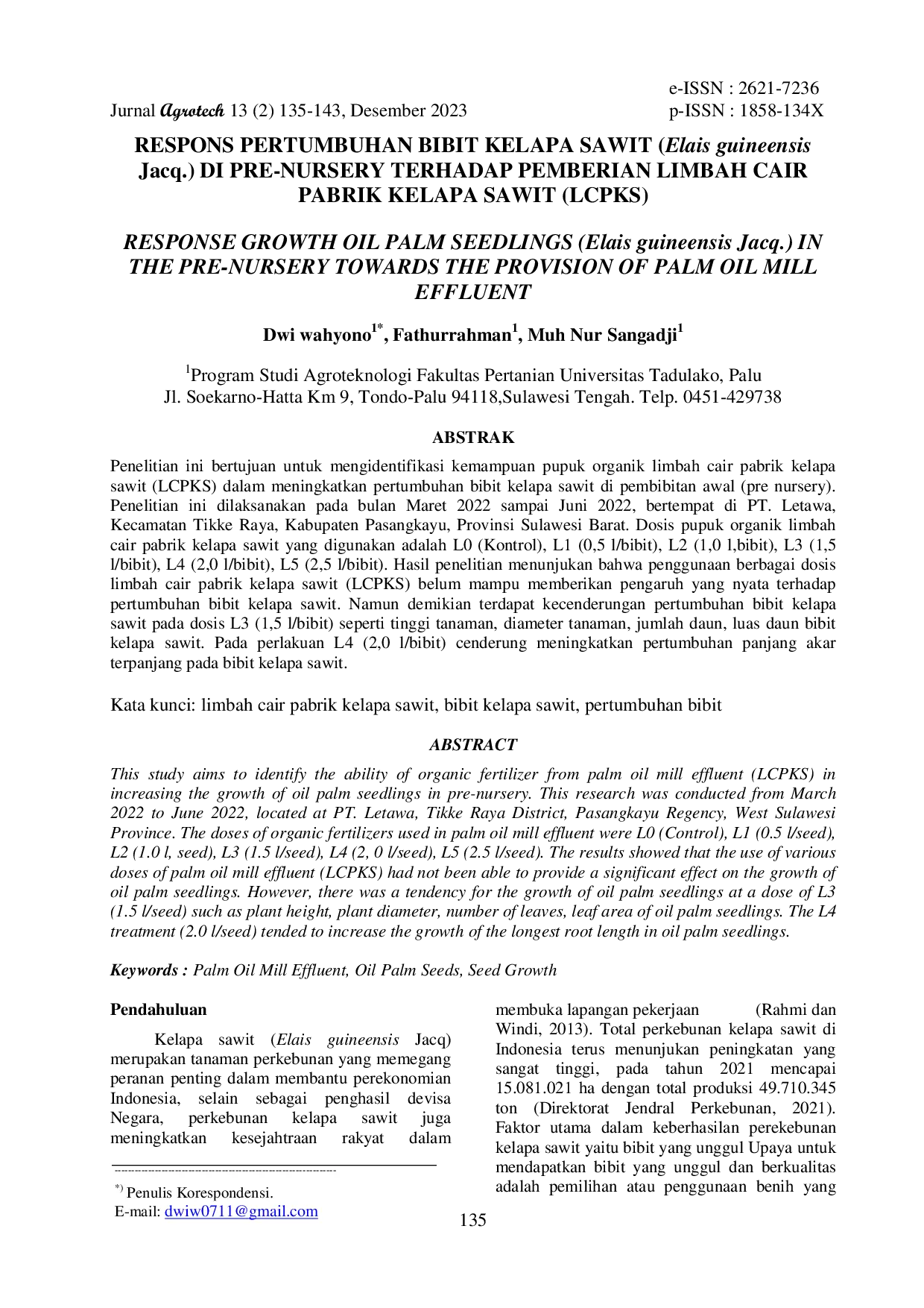 JURIS Respons Pertumbuhan Bibit Kelapa Sawit Elais Guineensis Jacq Di Pre Nursery Terhadap Pemberian Limbah Cair Pabrik Kelapa Sawit Lcpks