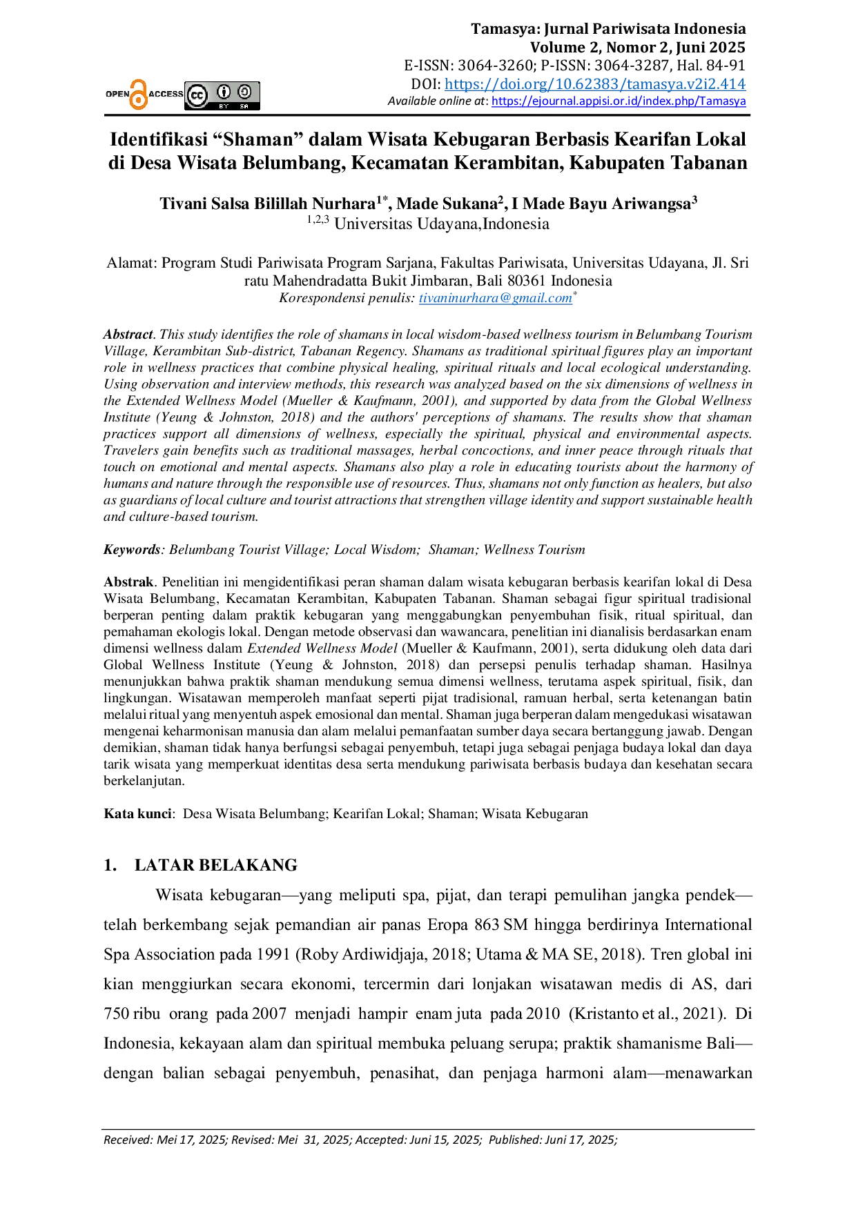 JURIS Identifikasi Shaman dalam Wisata Kebugaran Berbasis Kearifan Lokal di Desa Wisata Belumbang Kecamatan Kerambitan Kabupaten Tabanan
