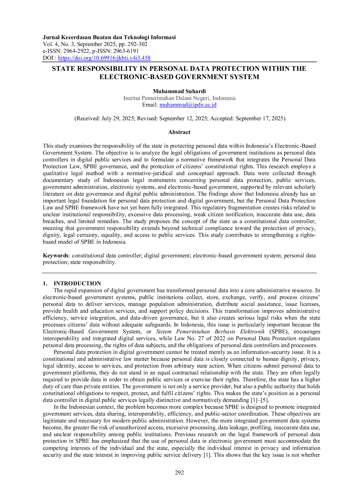 JURIS State Responsibility in Personal Data Protection Within the Electronic Based Government System