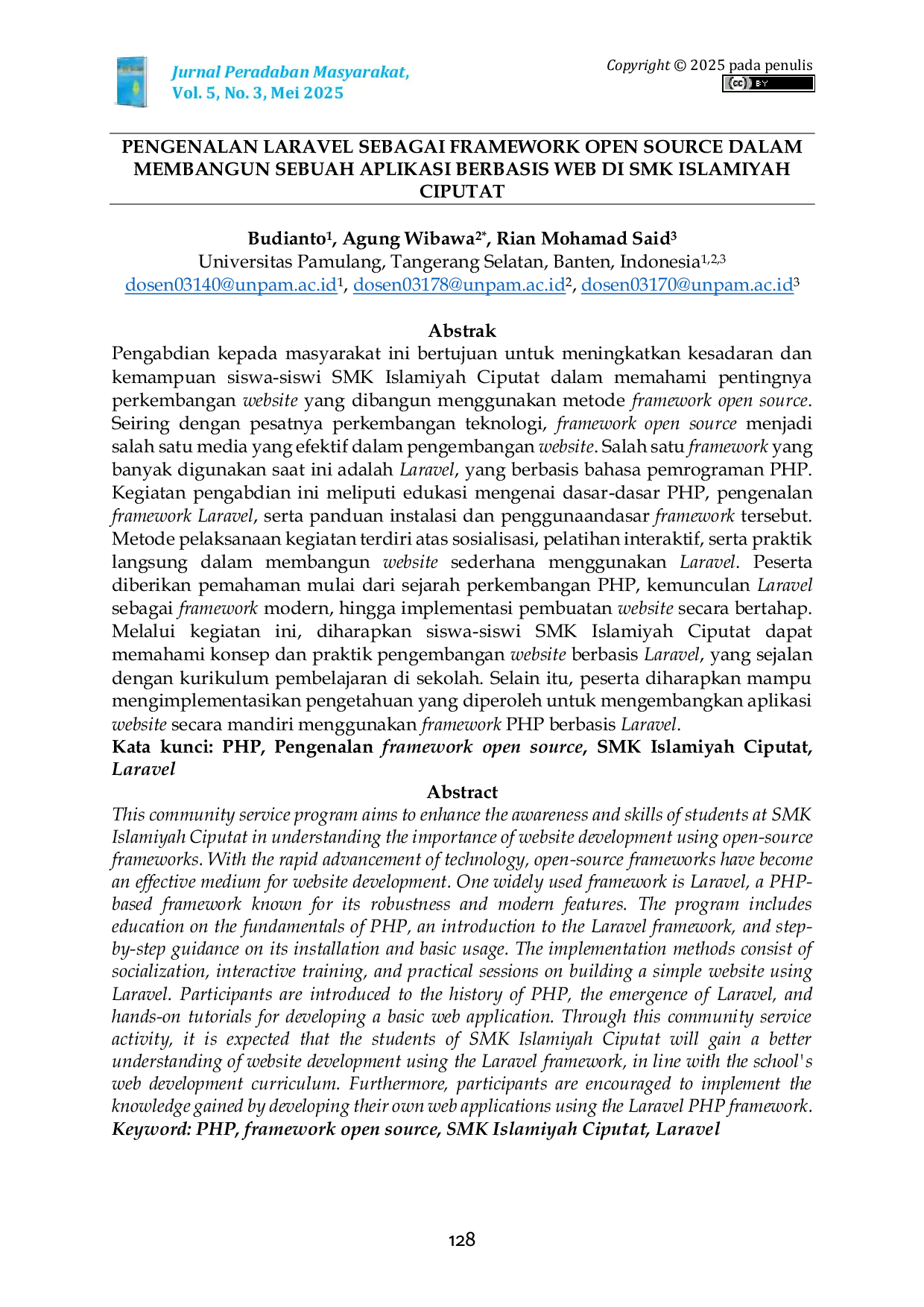 JURIS Pengenalan Laravel Sebagai Framework Open Source Dalam Membangun Sebuah Aplikasi Berbasis Web Di SMK Islamiyah Ciputat