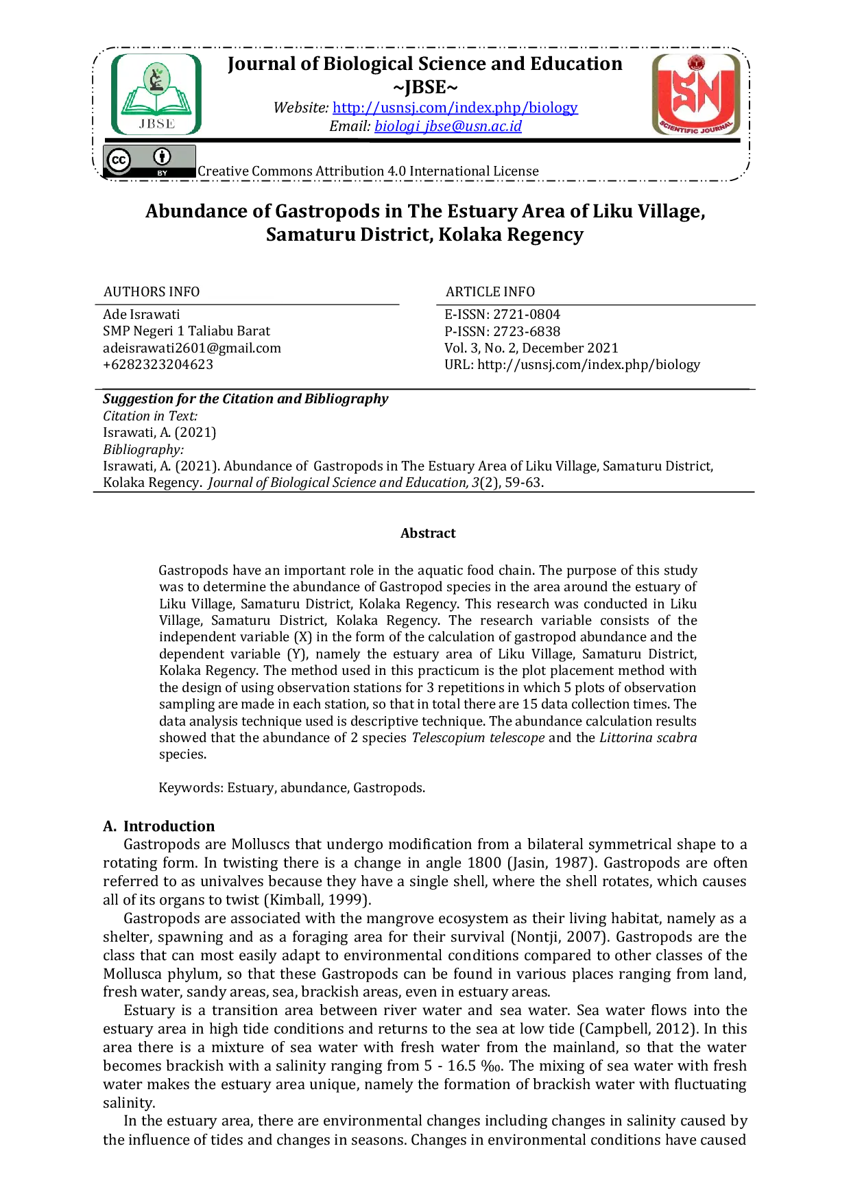 JURIS Abundance of Gastropods in The Estuary Area of Liku Village Samaturu District Kolaka Regency