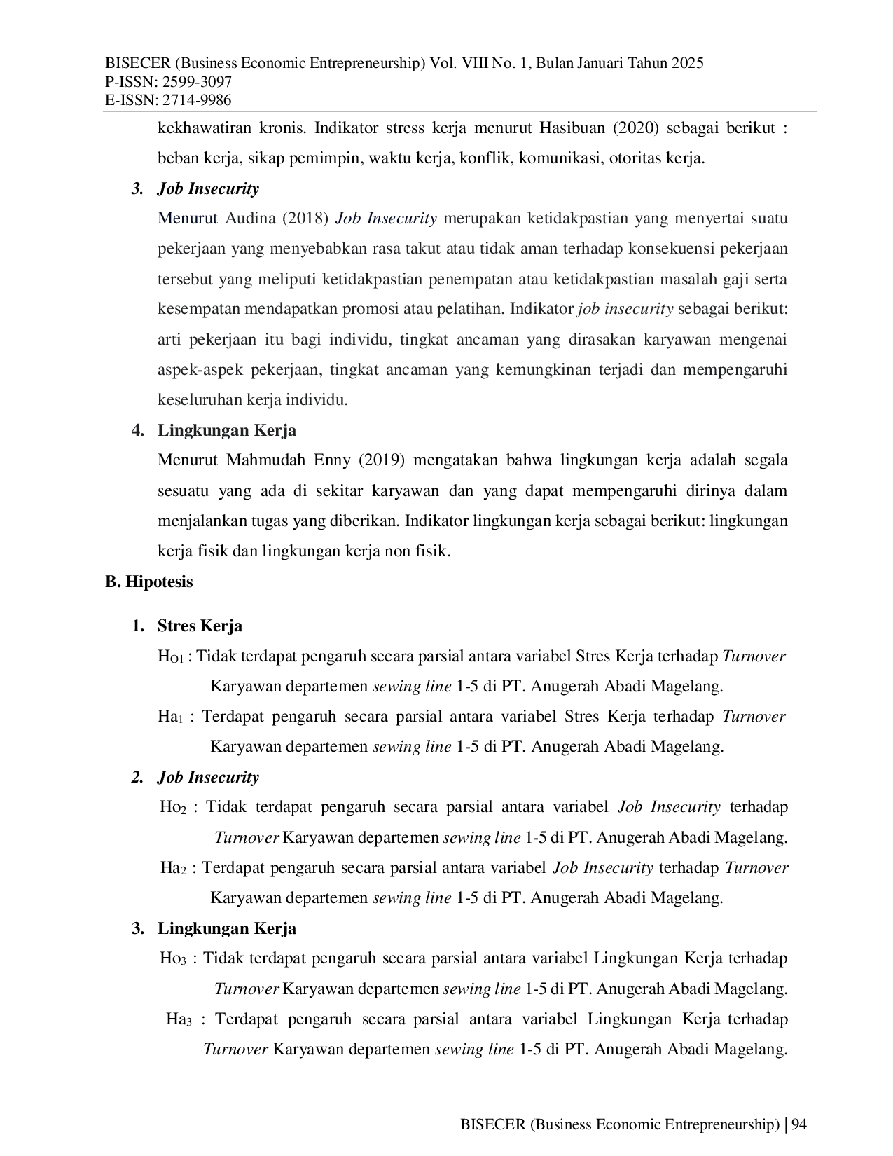 JURIS Lingkungan Kerja Terhadap Turnover Karyawan Departemen Sewing Line 1 5 Di Pt Anugerah Abadi Magelang