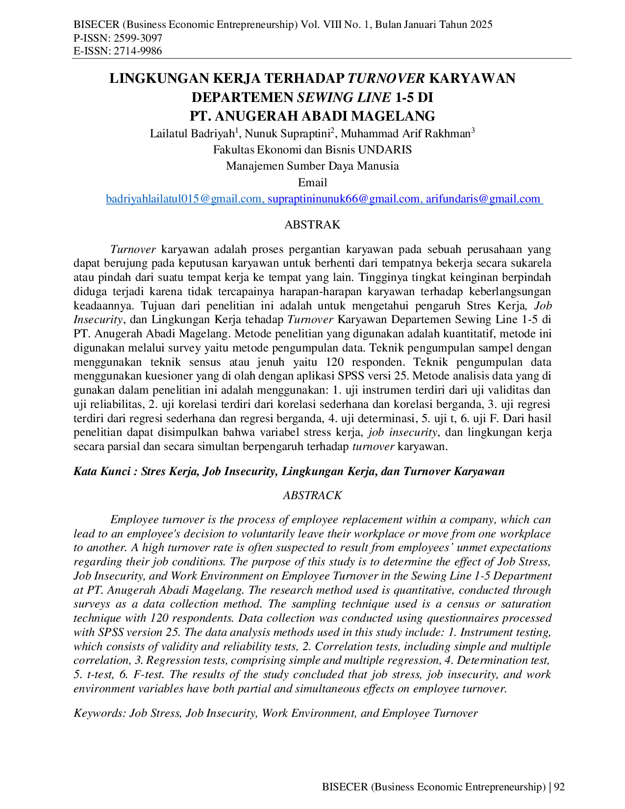JURIS Lingkungan Kerja Terhadap Turnover Karyawan Departemen Sewing Line 1 5 Di Pt Anugerah Abadi Magelang