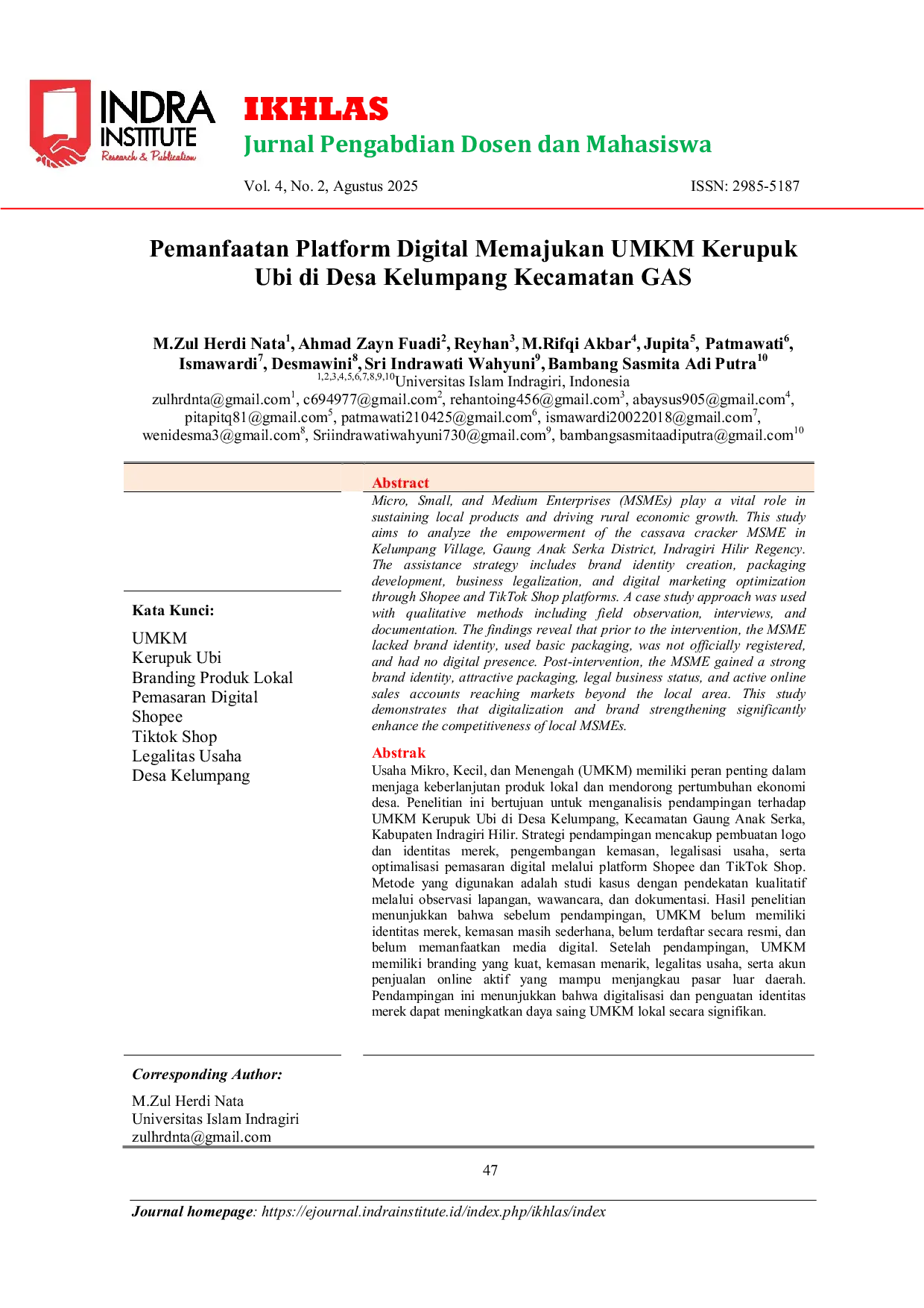 JURIS Pemanfaatan Platform Digital Memajukan UMKM Kerupuk Ubi di Desa Kelumpang Kecamatan GAS