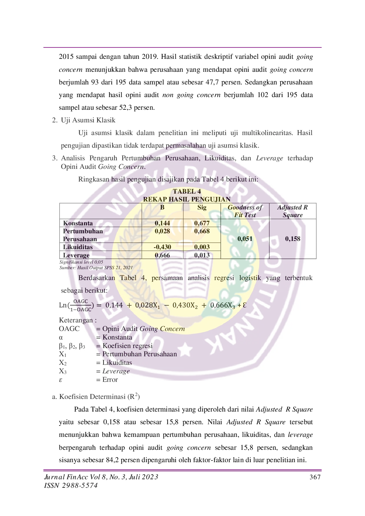 JURIS Analisis Pengaruh Pertumbuhan Perusahaan Likuiditas dan Leverage terhadap Opini Audit Going Concern pada Perusahaan Sektor Pertambangan di Bursa Efek Indonesia
