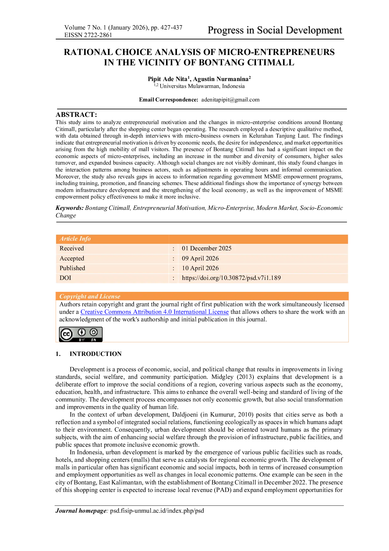 JURIS Analisis Pilihan Rasional Pengusaha Mikro di Sekitar Bontang Citimall