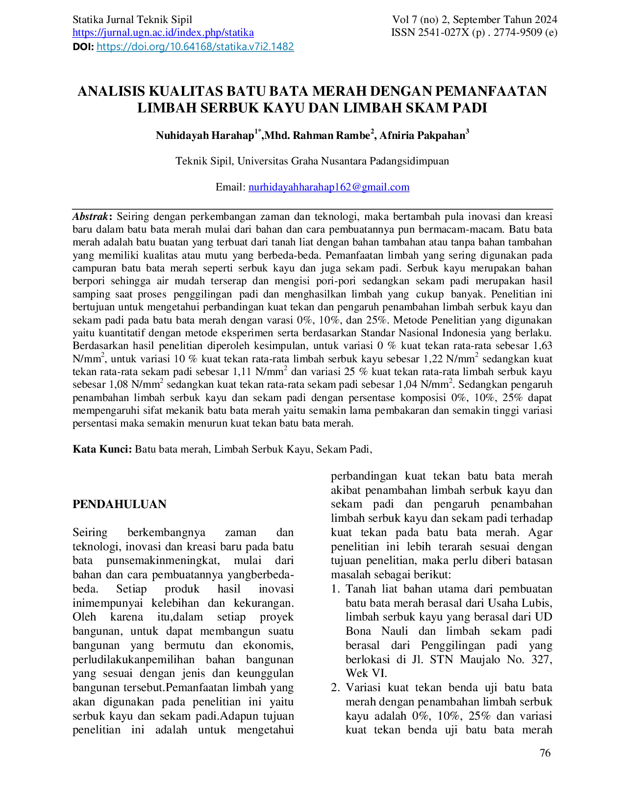 JURIS Analisis Kualitas Batu Bata Merah Dengan Pemanfaatan Limbah Serbuk Kayu Dan Limbah Sekam Padi