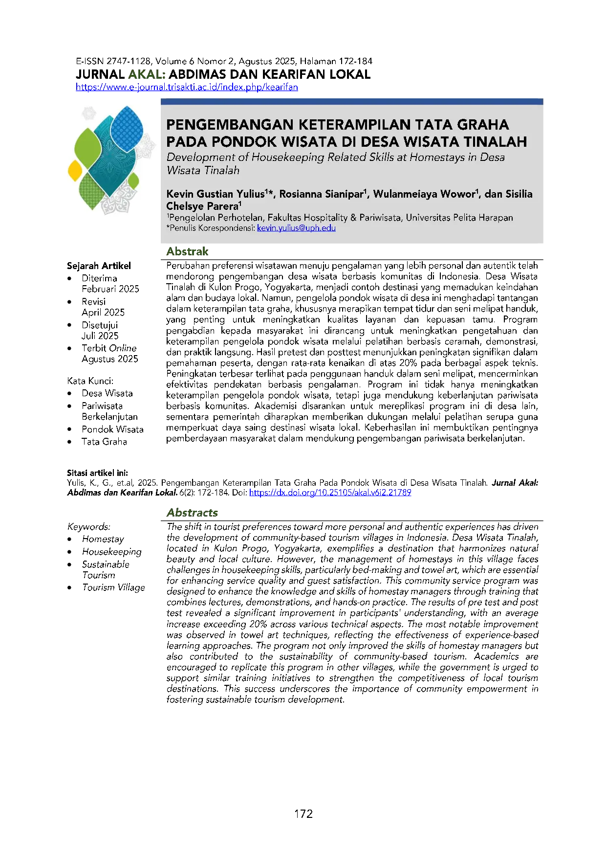 JURIS Pengembangan Keterampilan Tata Graha Pada Pondok Wisata Di Desa Wisata Tinalah