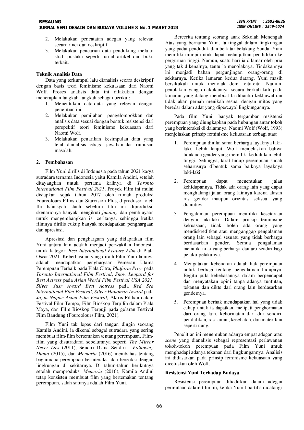 JURIS Resistensi Para Tokoh Perempuan dalam Film Yuni Kajian Feminisme Kekuasaan