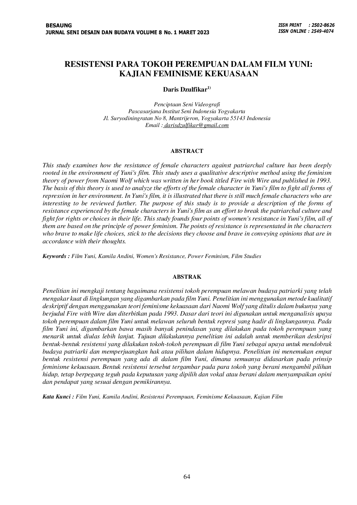 JURIS Resistensi Para Tokoh Perempuan dalam Film Yuni Kajian Feminisme Kekuasaan