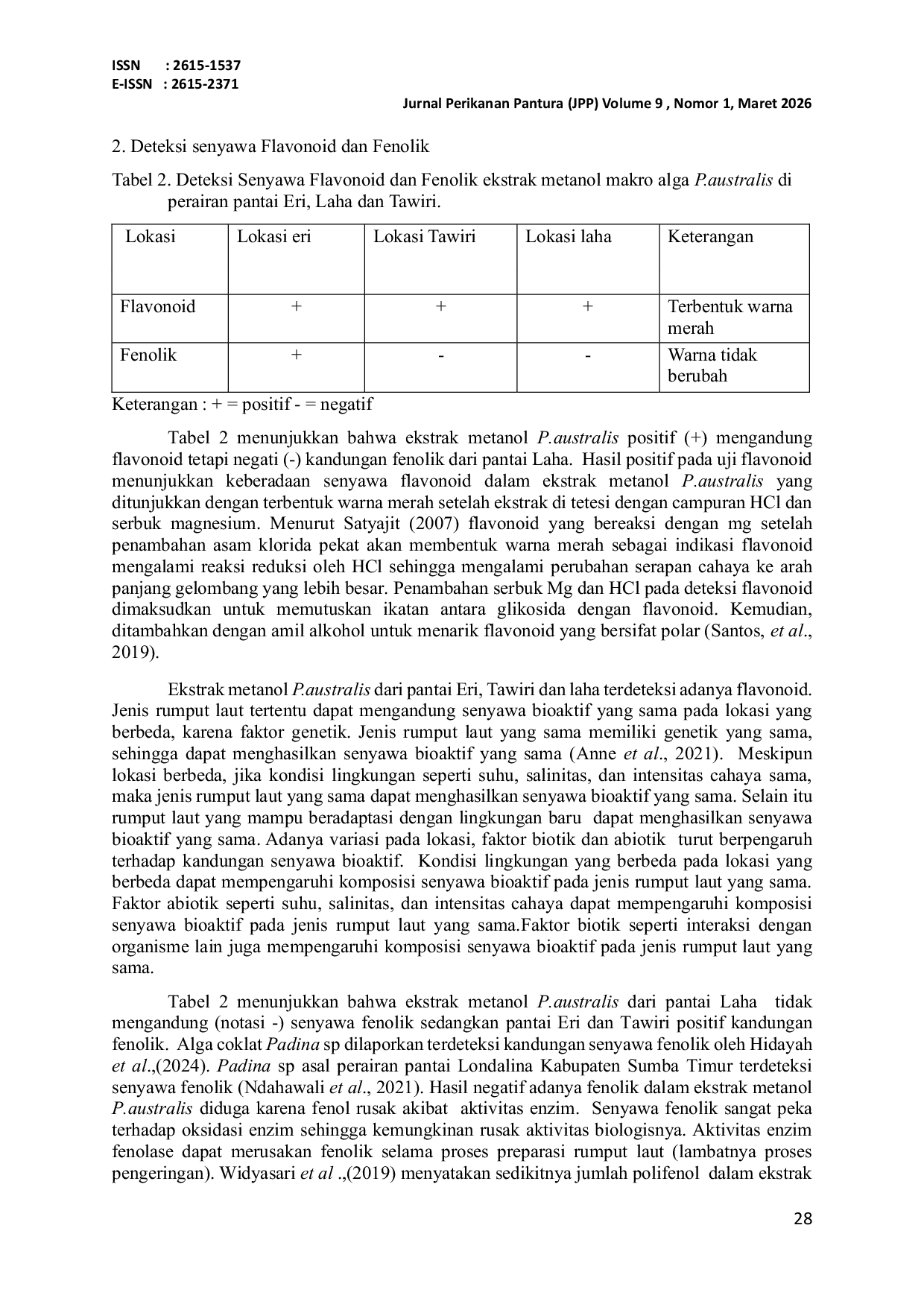 JURIS ANALISA KANDUNGAN KIMIA DAN BIOAKTIF SENYAWA GOLONGAN FLAVONOID DAN FENOLIK PADA EKSTRAK ALGA COKLAT Padina australis DARI PERAIRAN PESISIR TELUK AMBON