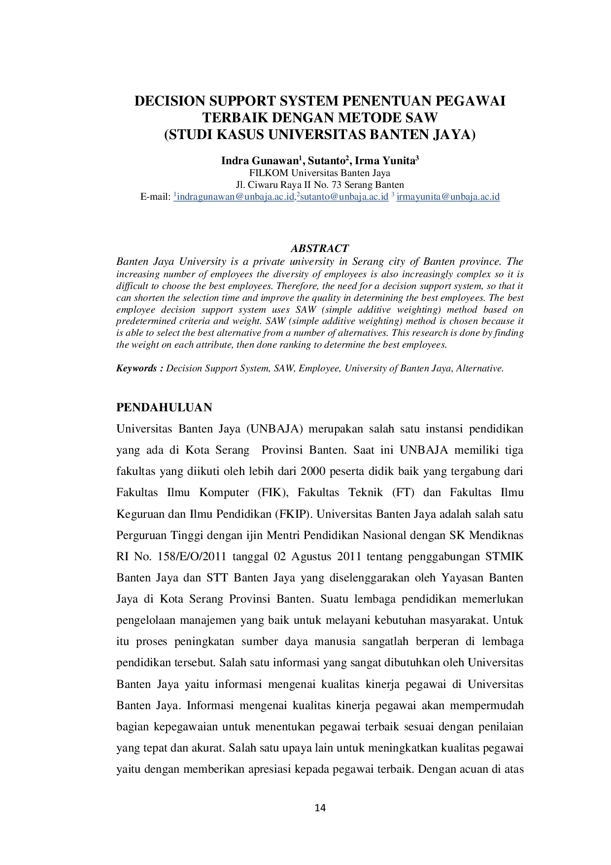 JURIS Decision Support System Penentuan Pegawai Terbaik Dengan Metode SAW Studi Kasus Universitas Banten Jaya