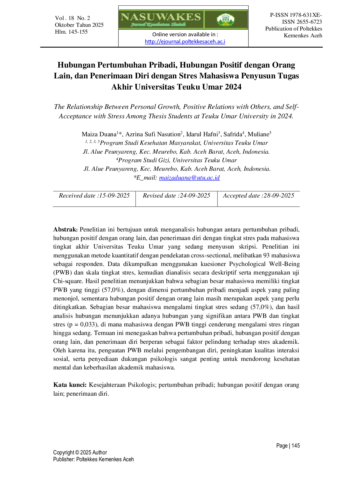JURIS Hubungan Pertumbuhan Pribadi Hubungan Positif dengan Orang Lain dan Penerimaan Diri dengan Stres Mahasiswa Penyusun Tugas Akhir Universitas Teuku Umar 2024