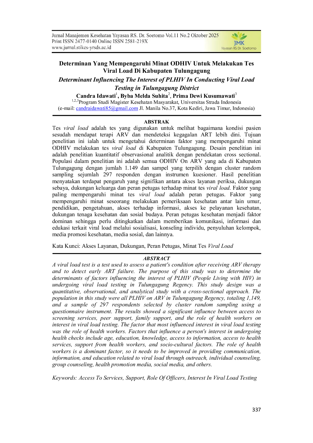 JURIS Determinan Yang Mempengaruhi Minat ODHIV Melakukan Tes Viral Load Di Kabupaten Tulungagung