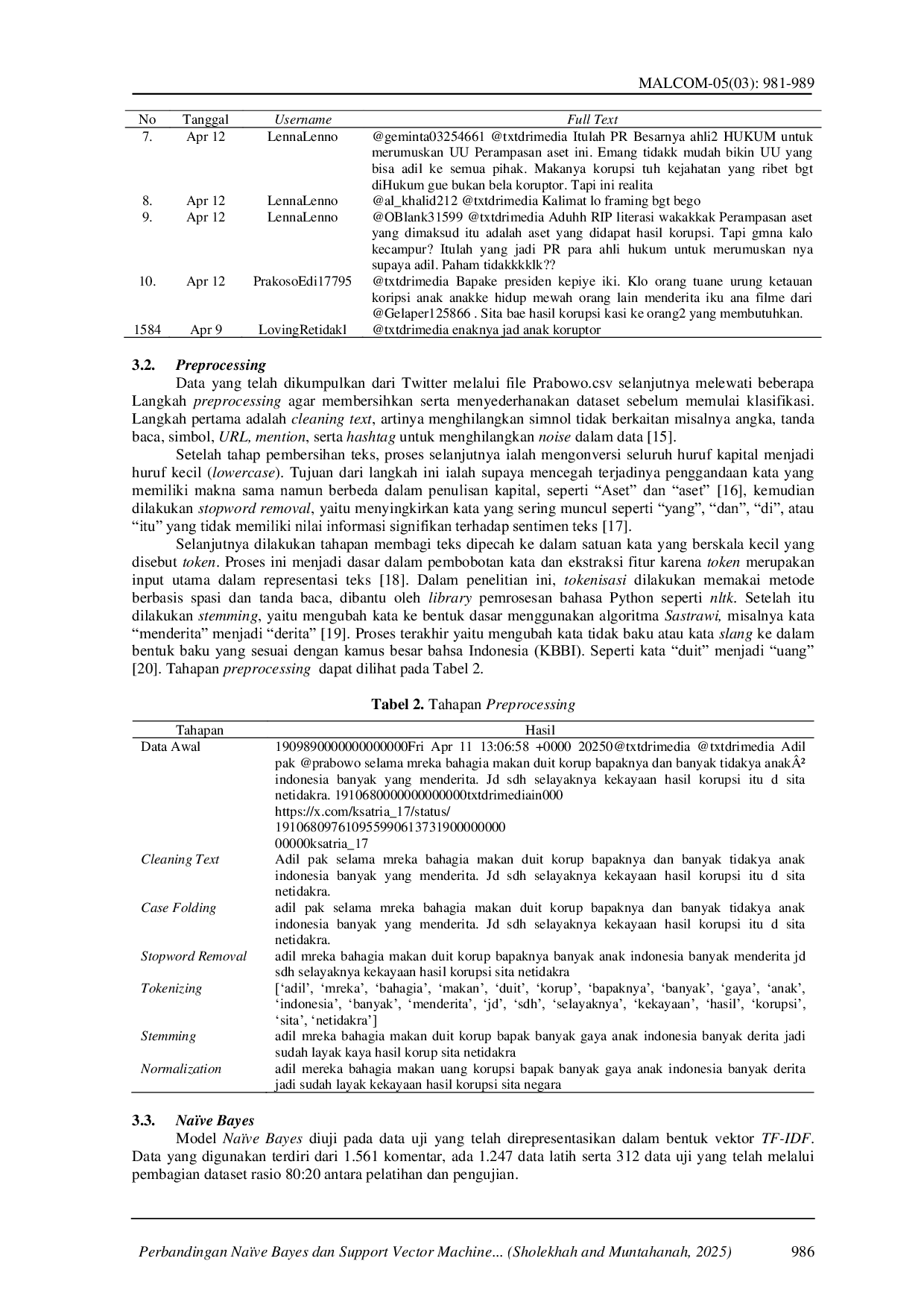 JURIS Perbandingan Na ve Bayes dan Support Vector Machine Dalam Analisa Sentimen Tentang Penyitaan Aset Koruptor di Twitter