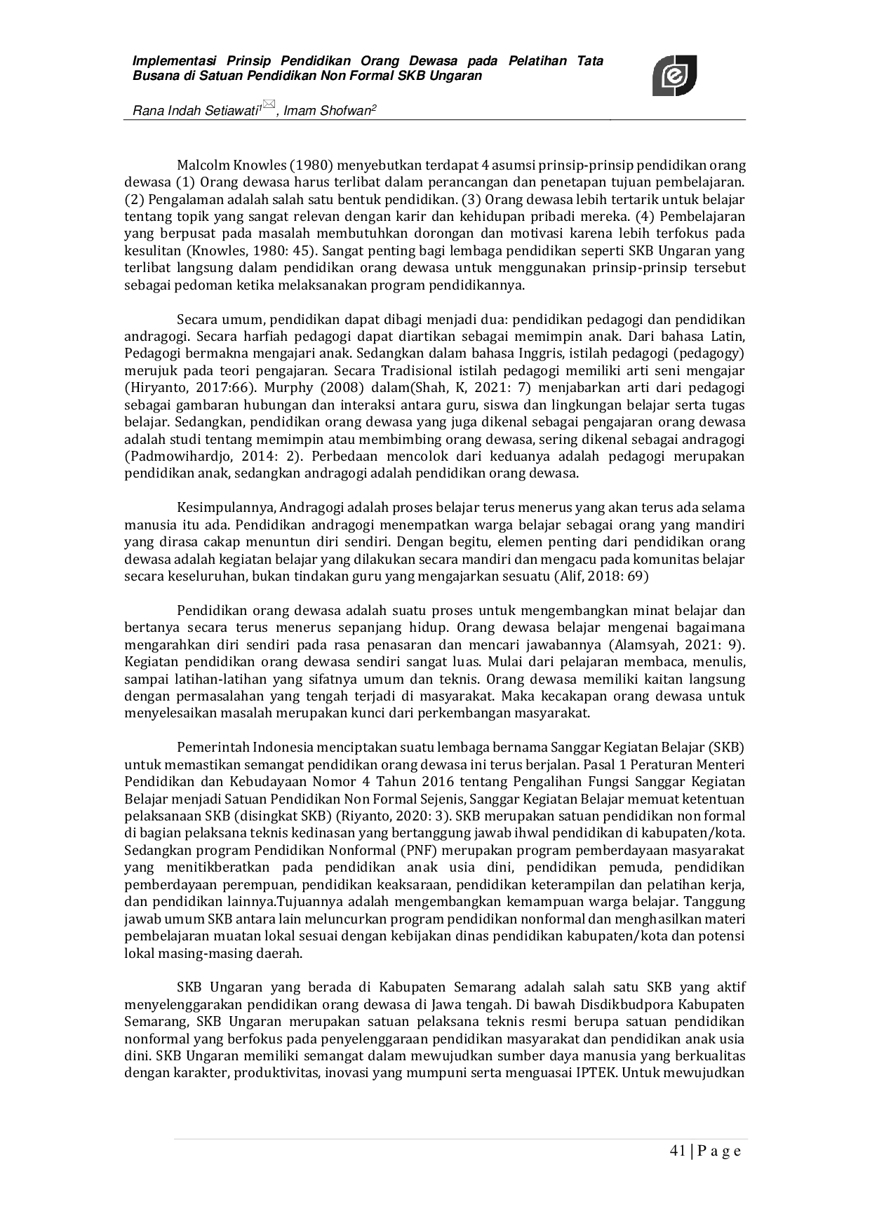 JURIS Implementasi Prinsip Pendidikan Orang Dewasa pada Pelatihan Tata Busana di Satuan Pendidikan Non Formal SKB Ungaran