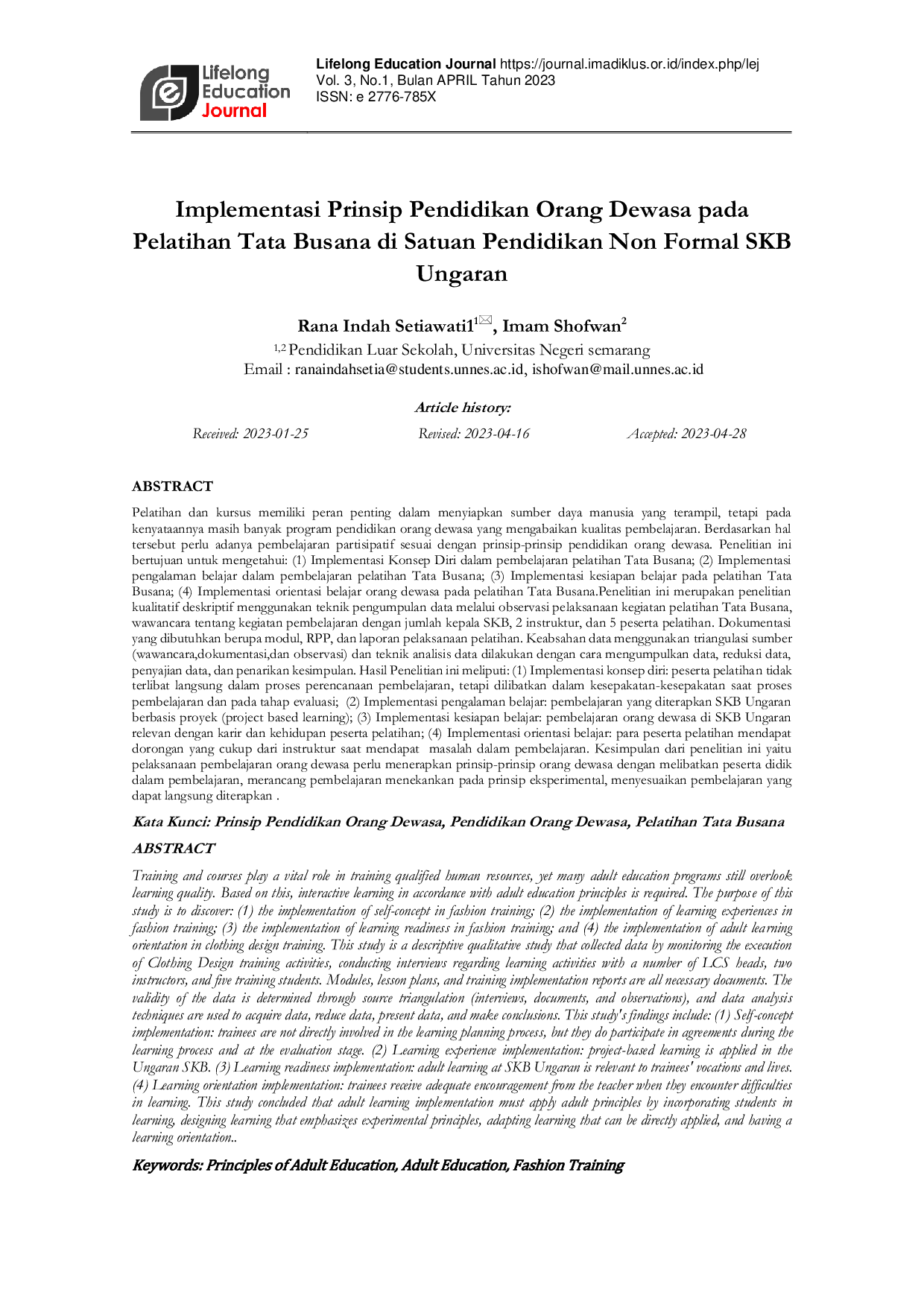 JURIS Implementasi Prinsip Pendidikan Orang Dewasa pada Pelatihan Tata Busana di Satuan Pendidikan Non Formal SKB Ungaran