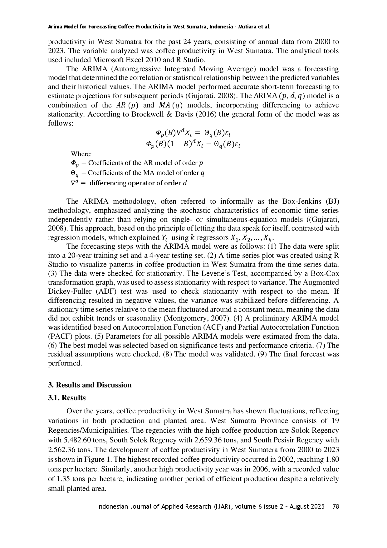 juris Arima Model for Forecasting Coffee Productivity in West Sumatra Indonesia