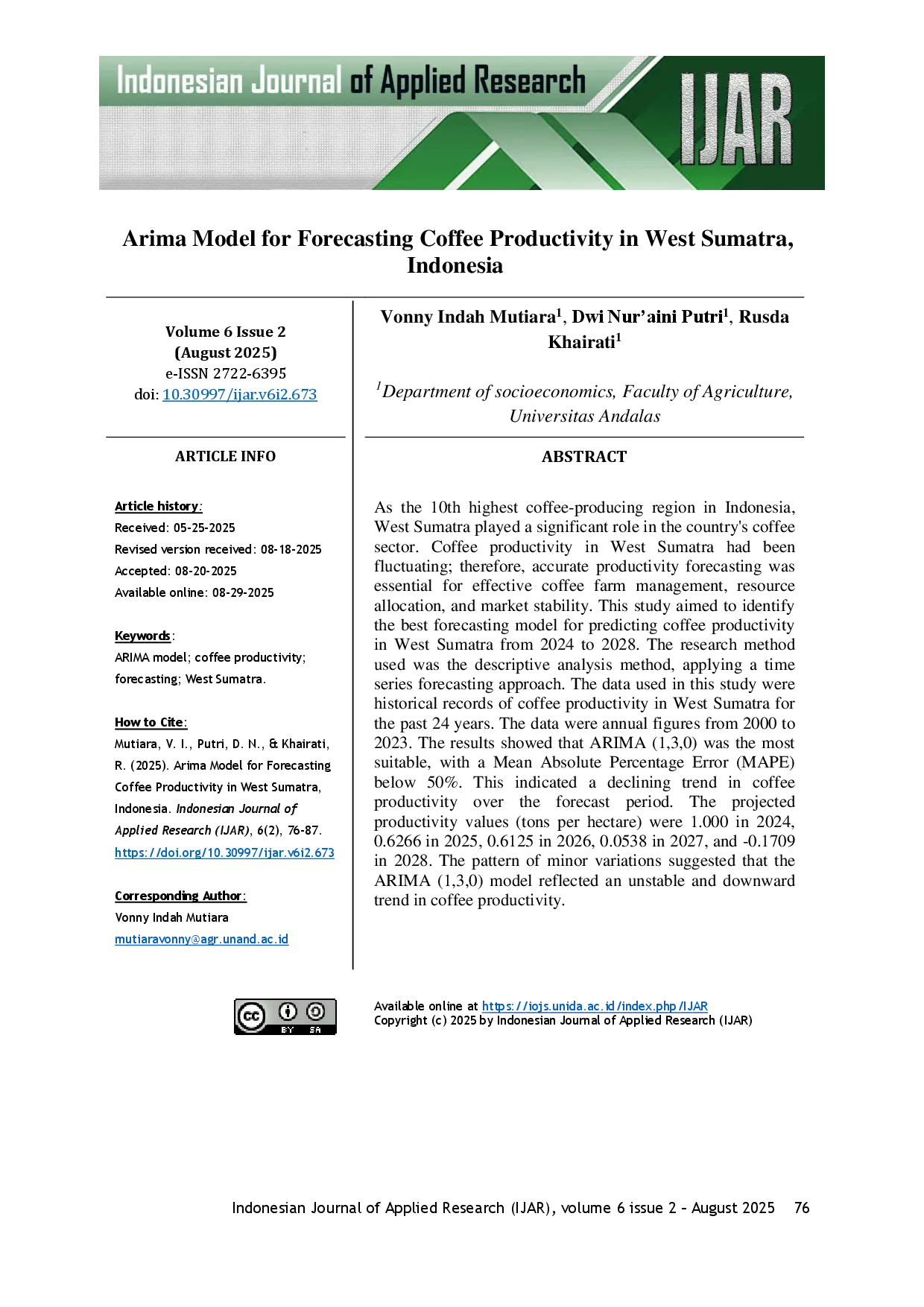 juris Arima Model for Forecasting Coffee Productivity in West Sumatra Indonesia