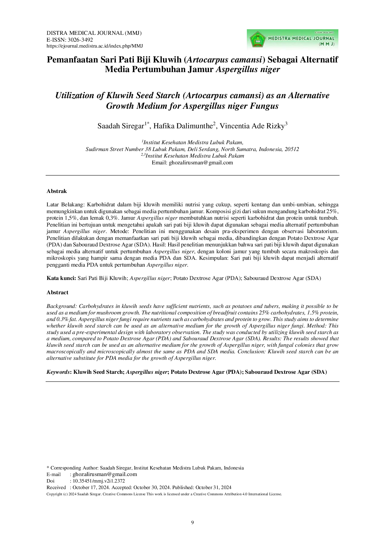 juris Utilization of Kluwih Seed Starch Artocarpus camansi as an Alternative Growth Medium for Aspergillus niger Fungus