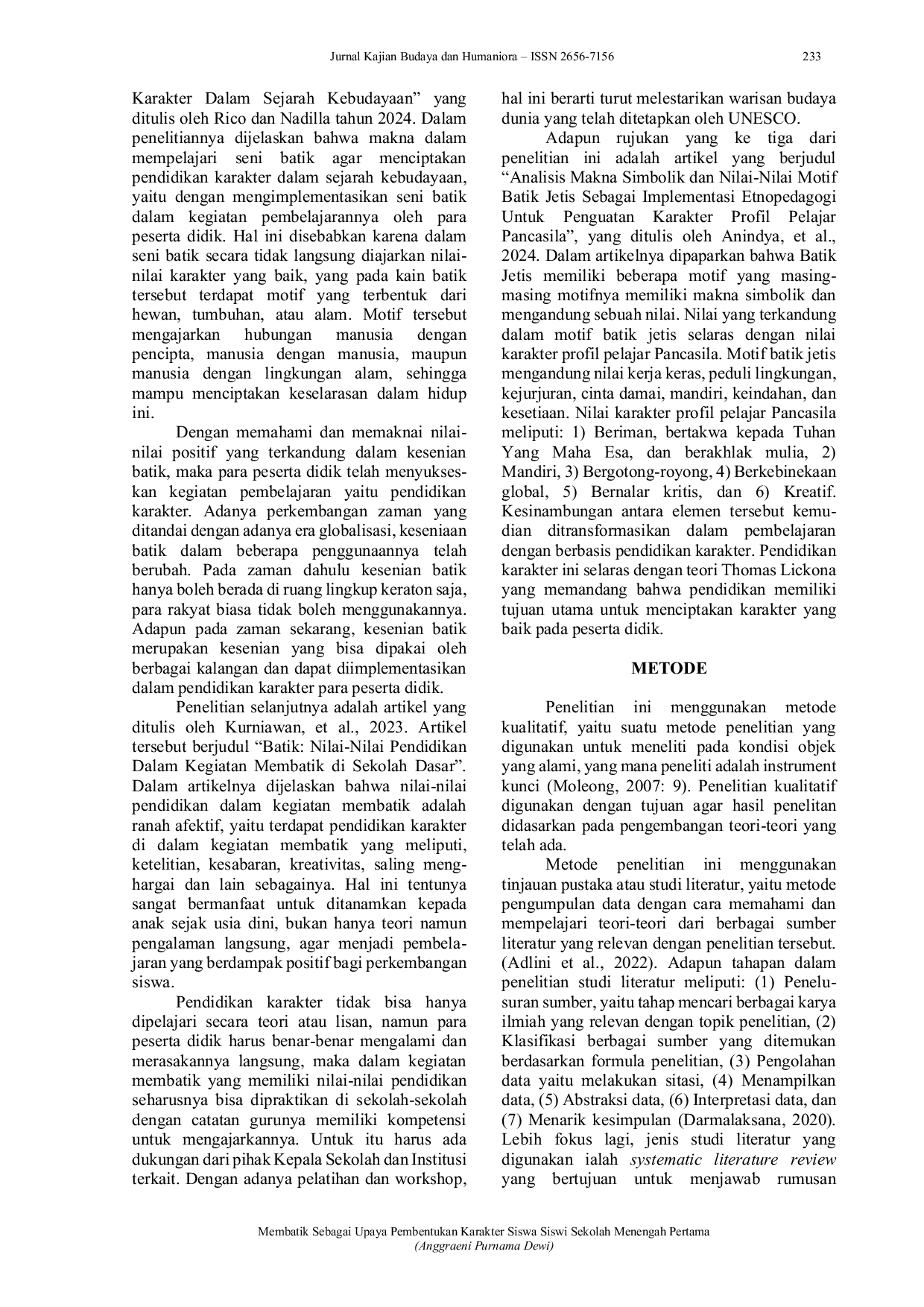 JURIS Membatik Sebagai Upaya Pembentukan Karakter Siswa Siswi Sekolah Menengah Pertama