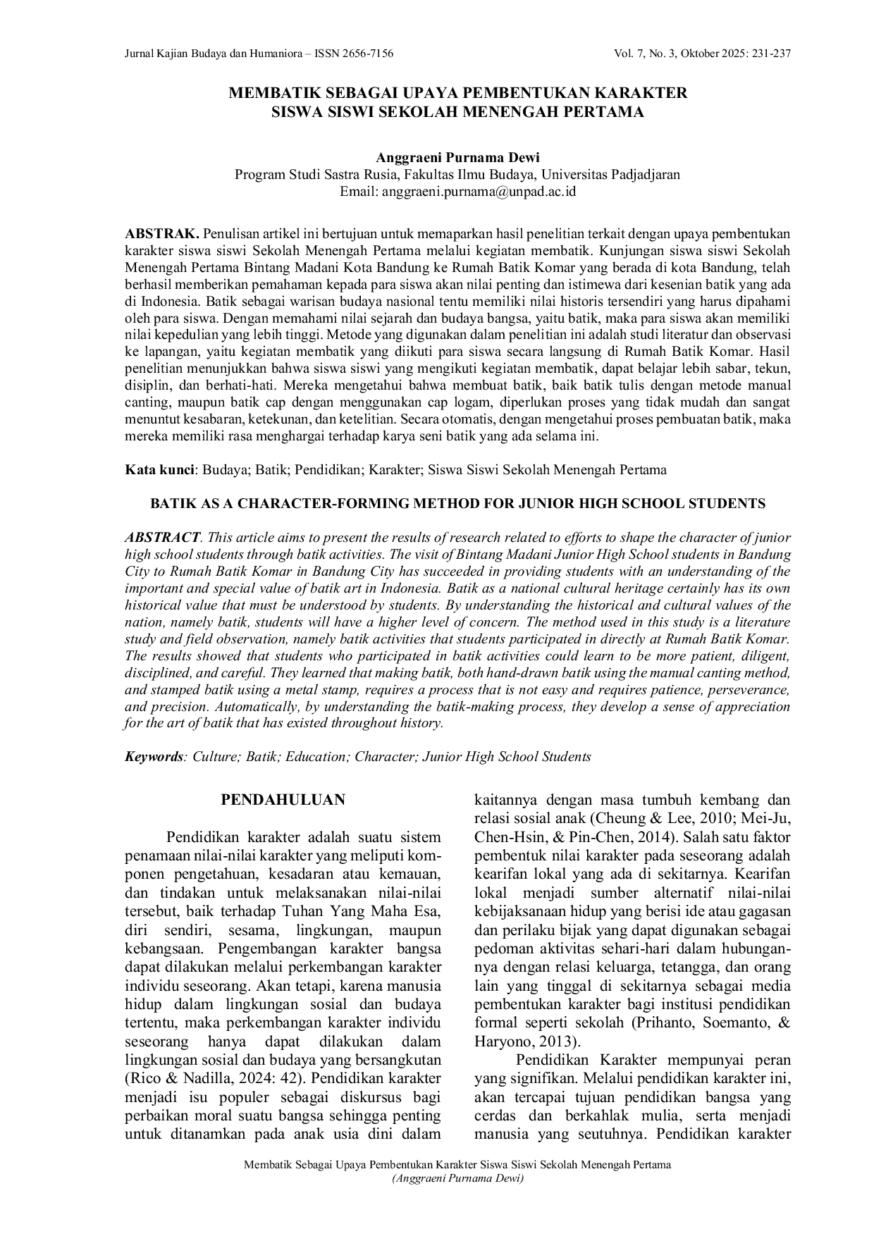 JURIS Membatik Sebagai Upaya Pembentukan Karakter Siswa Siswi Sekolah Menengah Pertama