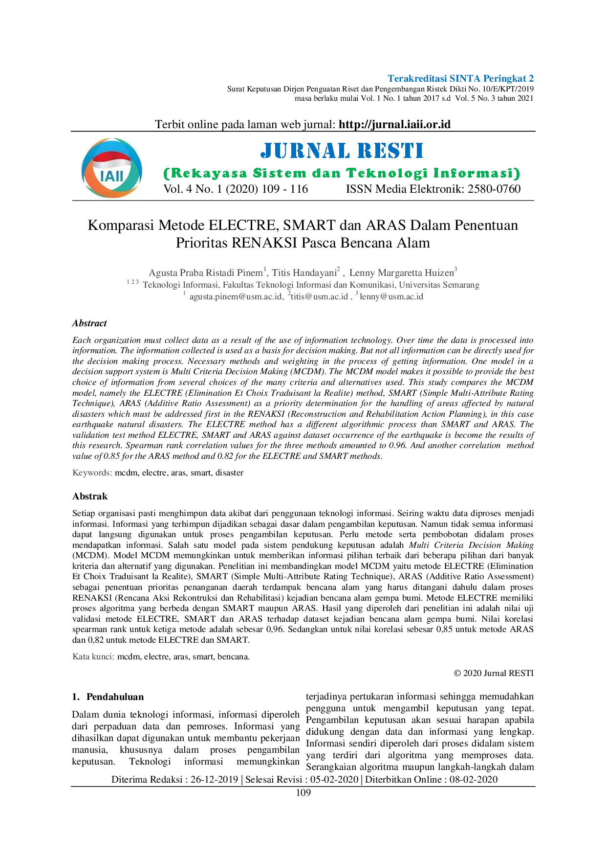 JURIS Komparasi Metode ELECTRE SMART Dan ARAS Dalam Penentuan Prioritas RENAKSI Pasca Bencana Alam