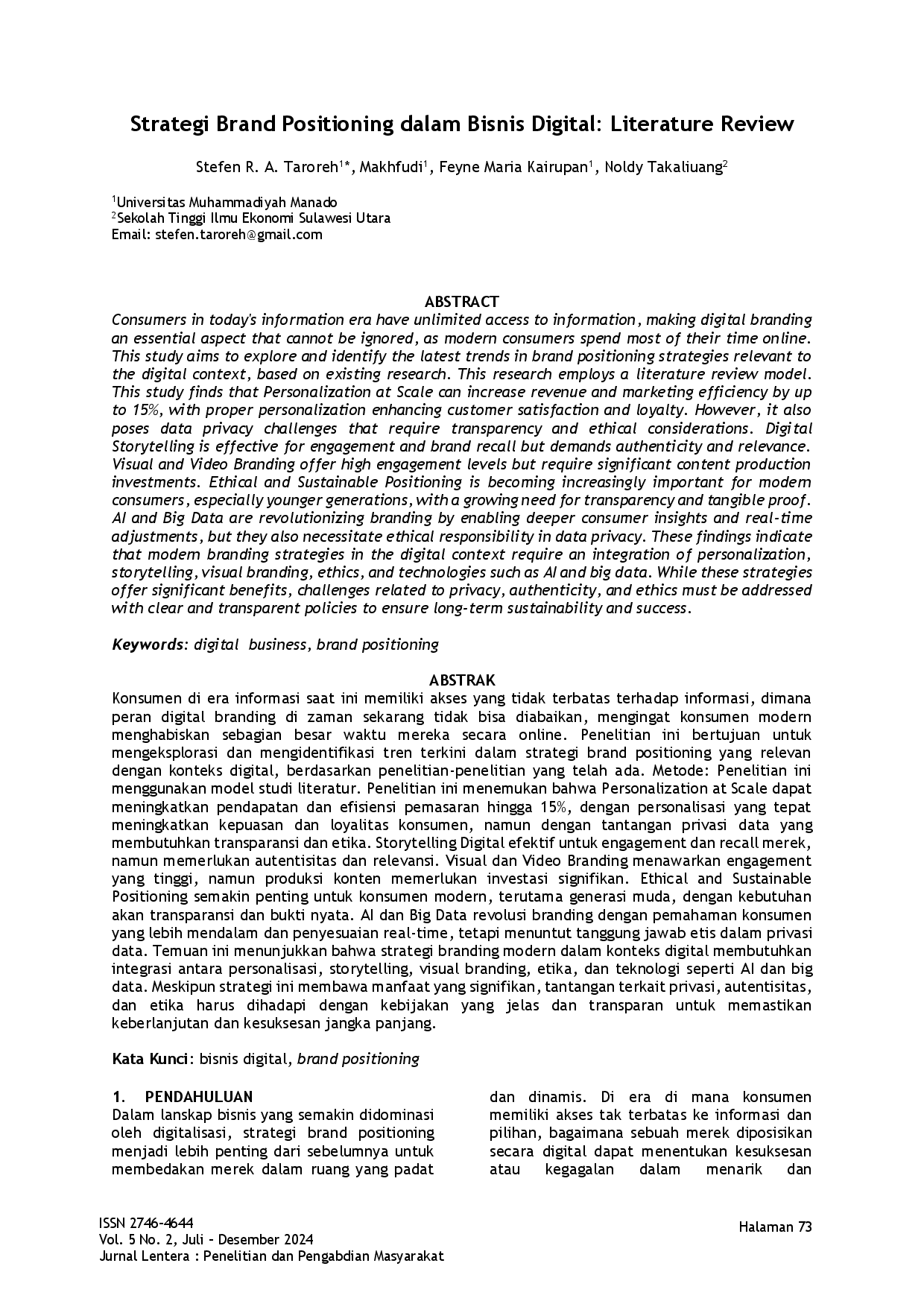 juris Strategi Brand Positioning dalam Bisnis Digital Literature Review