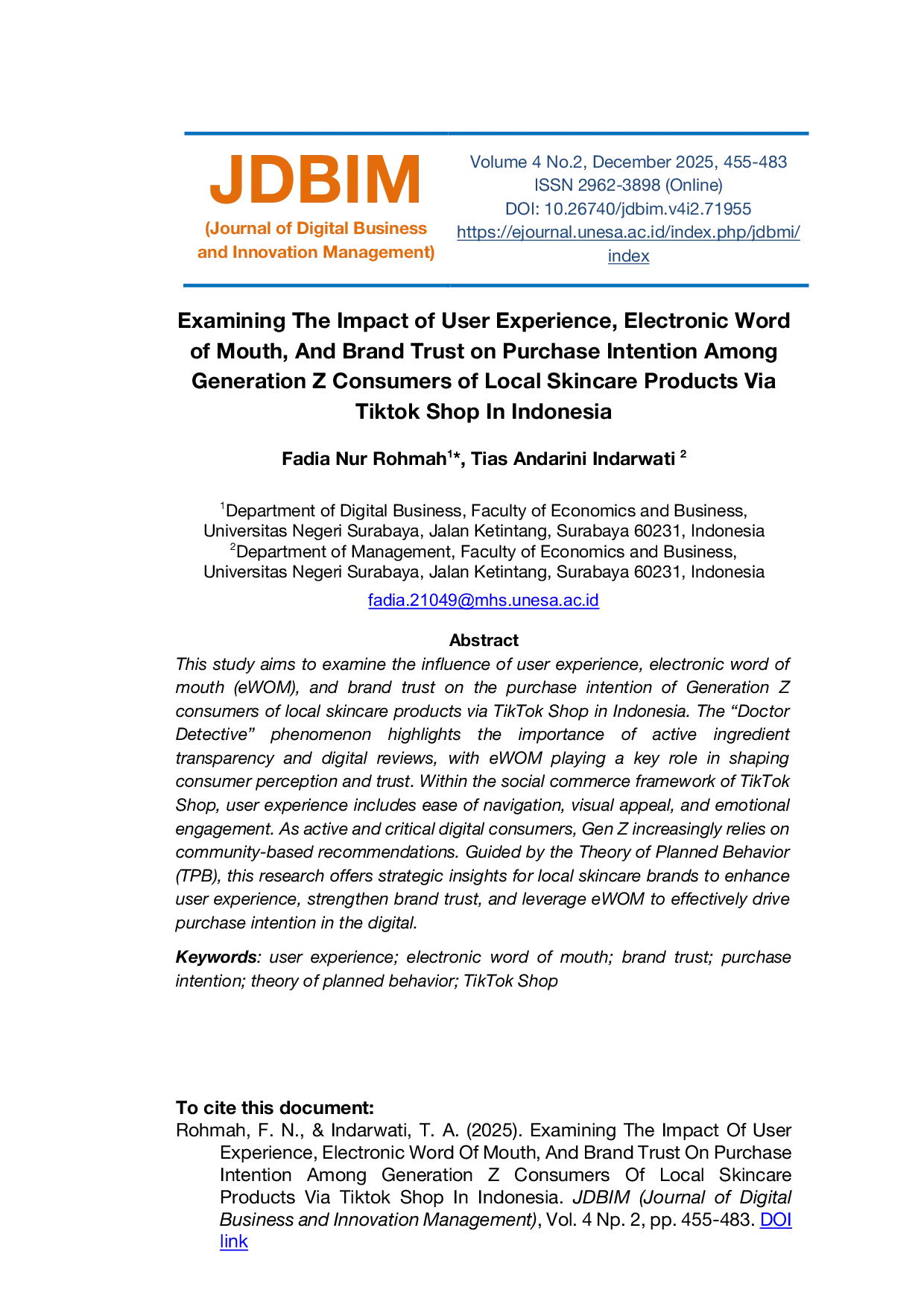 JURIS Examining the Impact of User Experience Electronic Word of Mouth and Brand Trust on Purchase Intention among Generation Z Consumers of Local Skincare Products via TikTok Shop in Indonesia