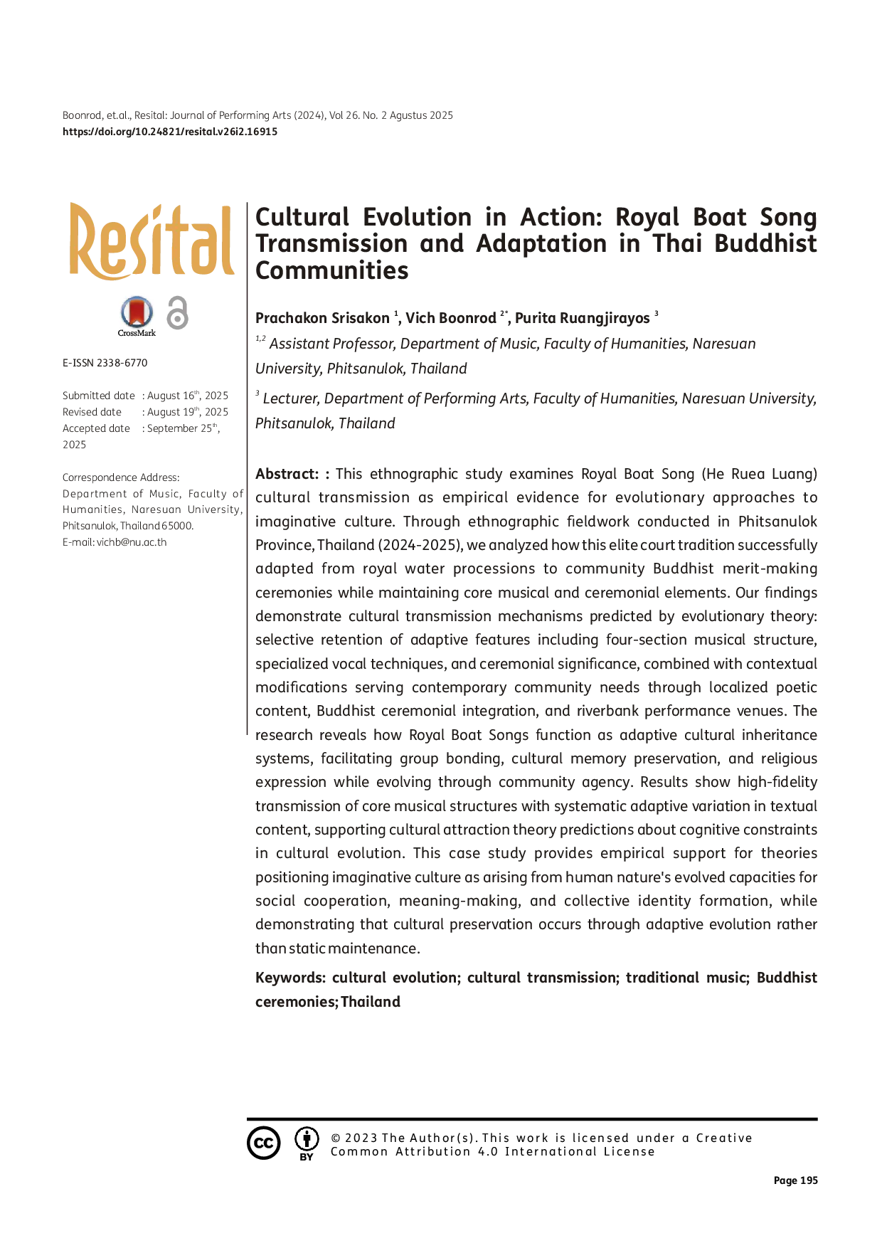 juris Cultural Evolution in Action Royal Boat Song Transmission and Adaptation in Thai Buddhist Communities