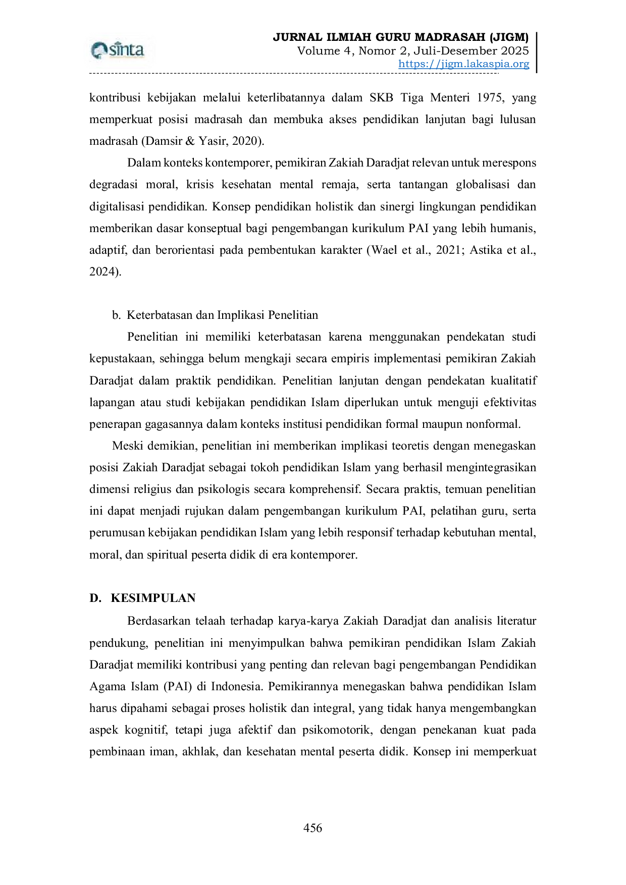 JURIS Pemikiran Pendidikan Islam Zakiah Daradjat Analisis Kritis dan Relevansinya bagi PAI Kontemporer